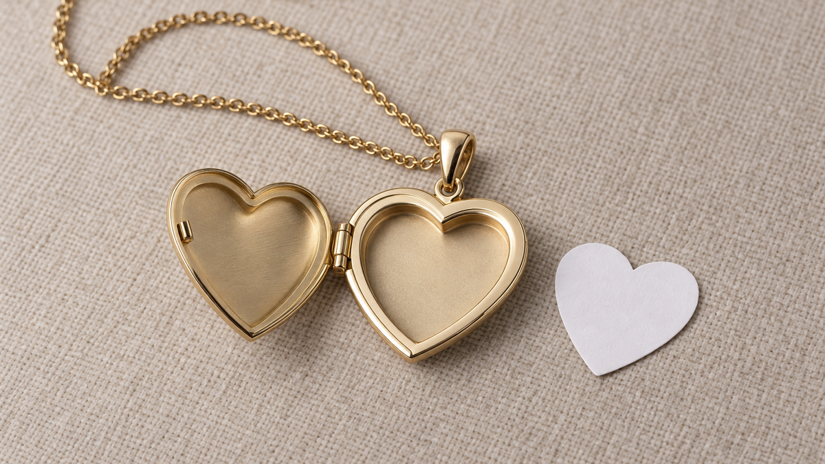 Illustrative open gold-tone heart locket beside a blank paper heart; not a verified depiction of listed products, materials, dimensions or photo capacity.