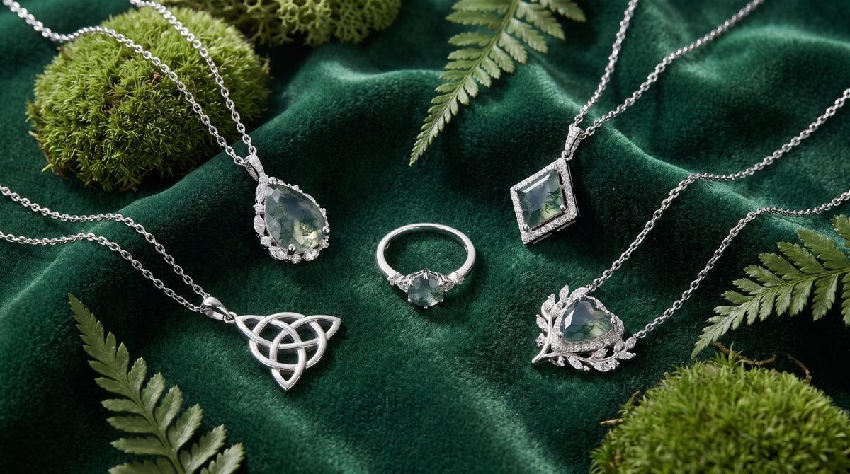 moss agate engagement ring simple editorial image