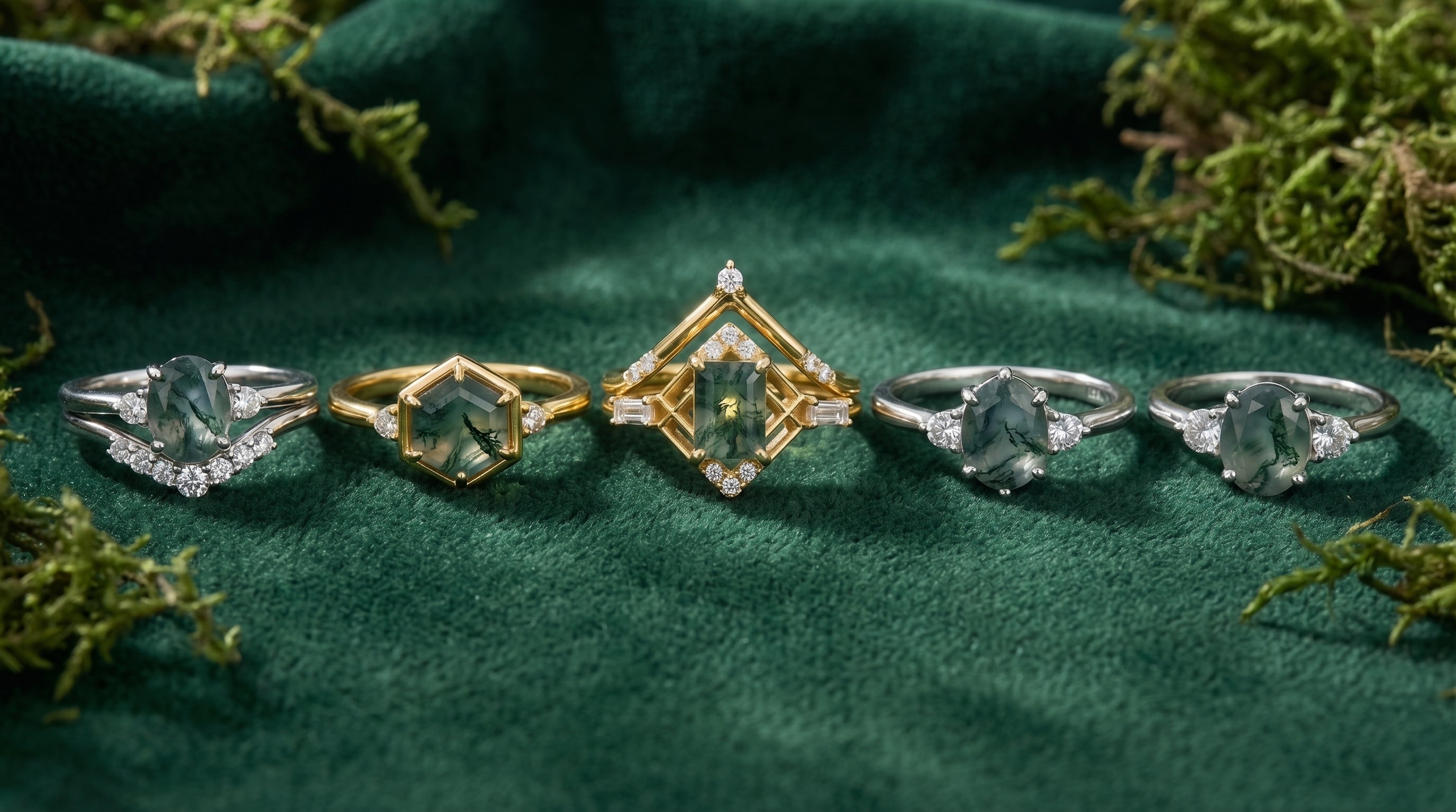 moss agate wedding ring set - hero image