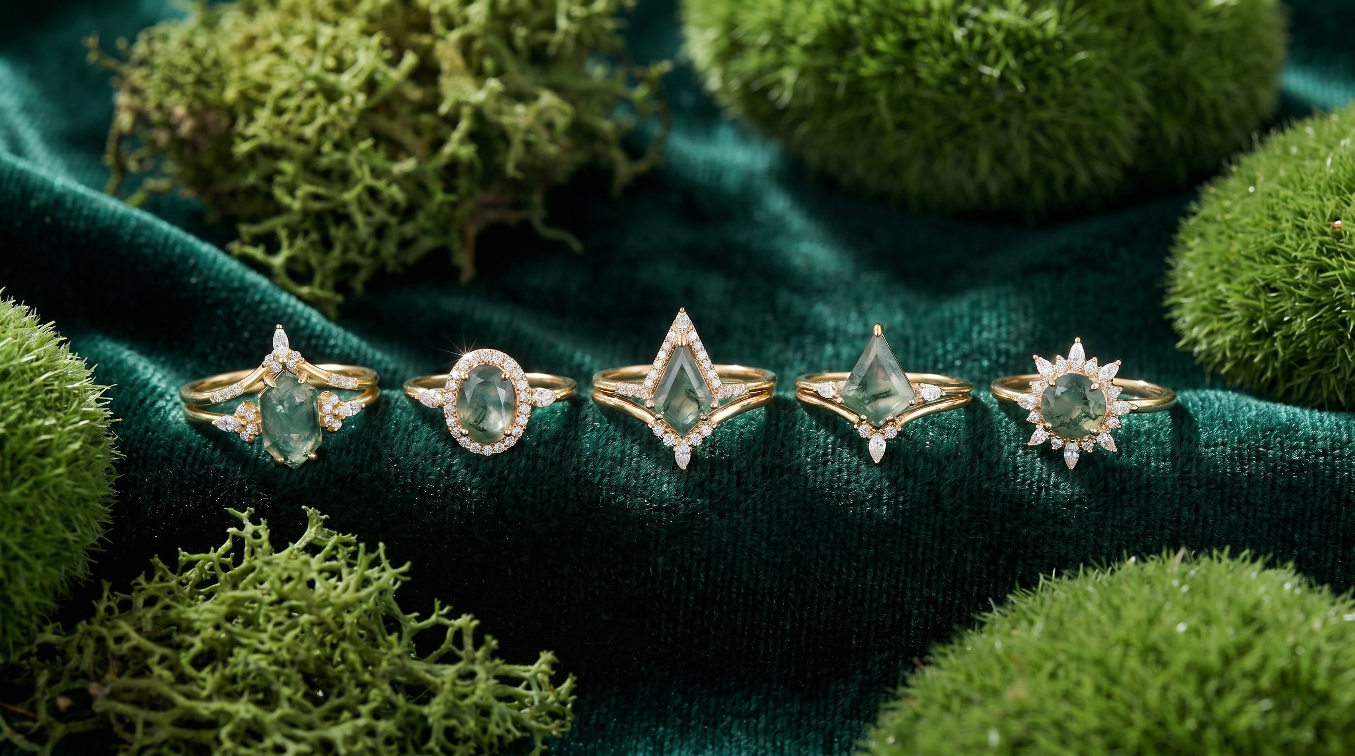rose gold moss agate engagement ring editorial image