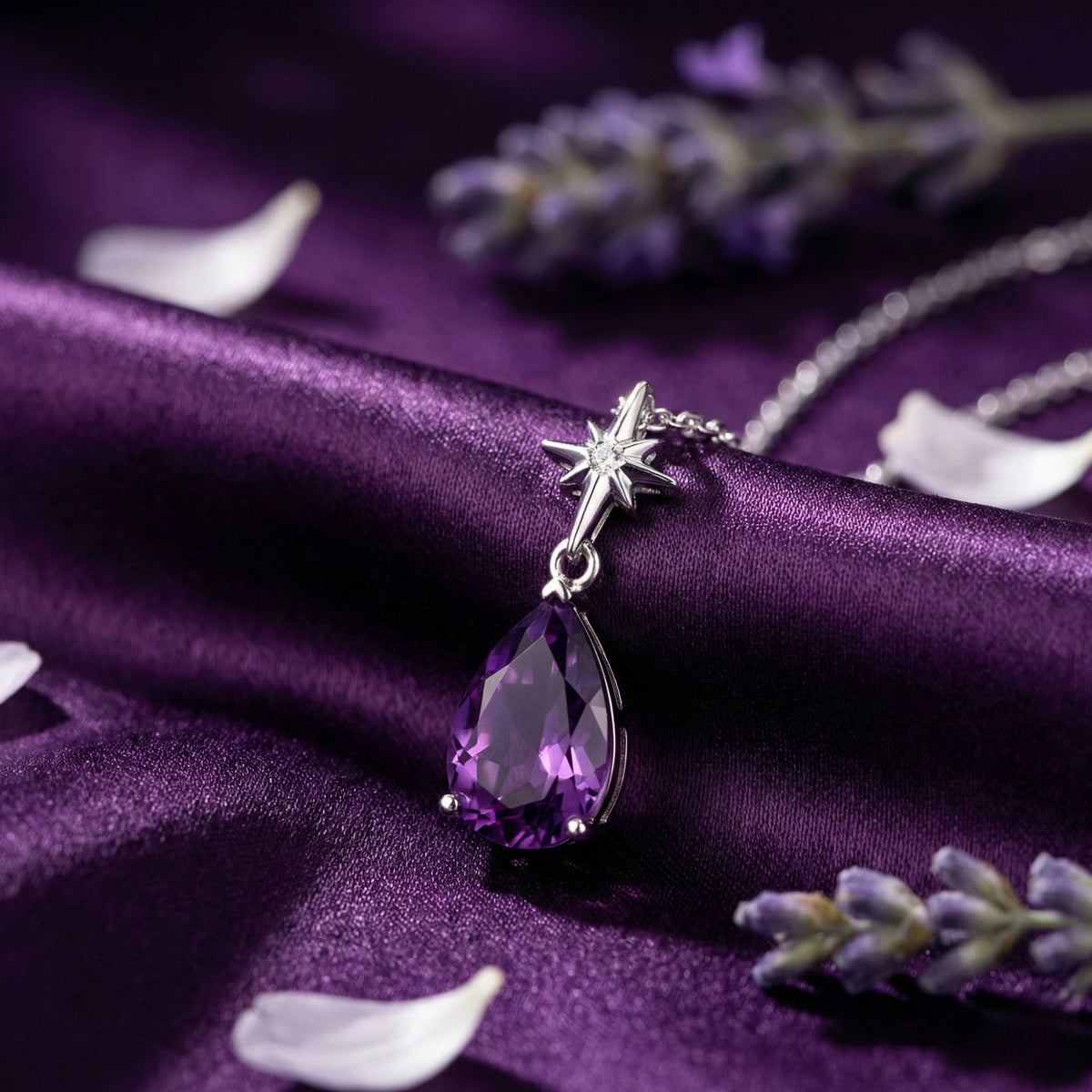 Silver-toned necklace with a star-accent and teardrop purple gemstone on purple satin.