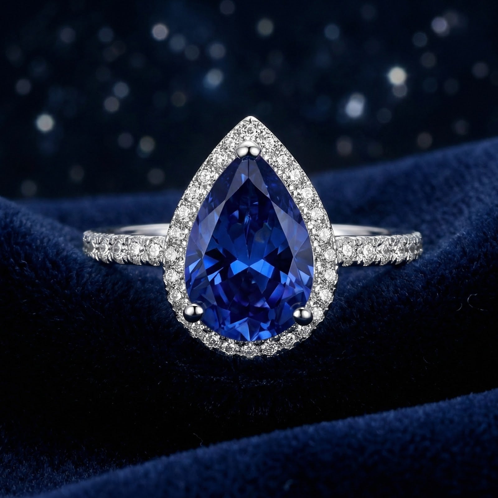 Silver-toned ring with a pear-cut blue gemstone and clear stone halo on blue velvet.