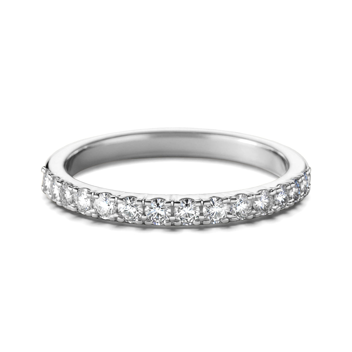 Silver-toned eternity ring with a continuous row of round clear stones.