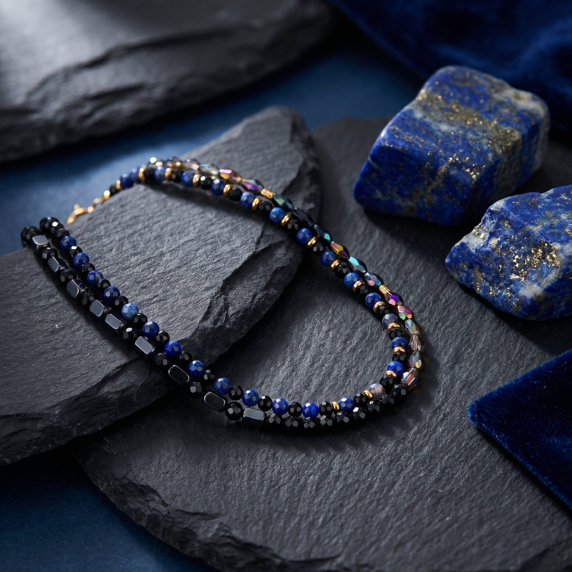 Layered gold-plated necklace set with natural lapis lazuli, black faceted, and iridescent beads on slate.