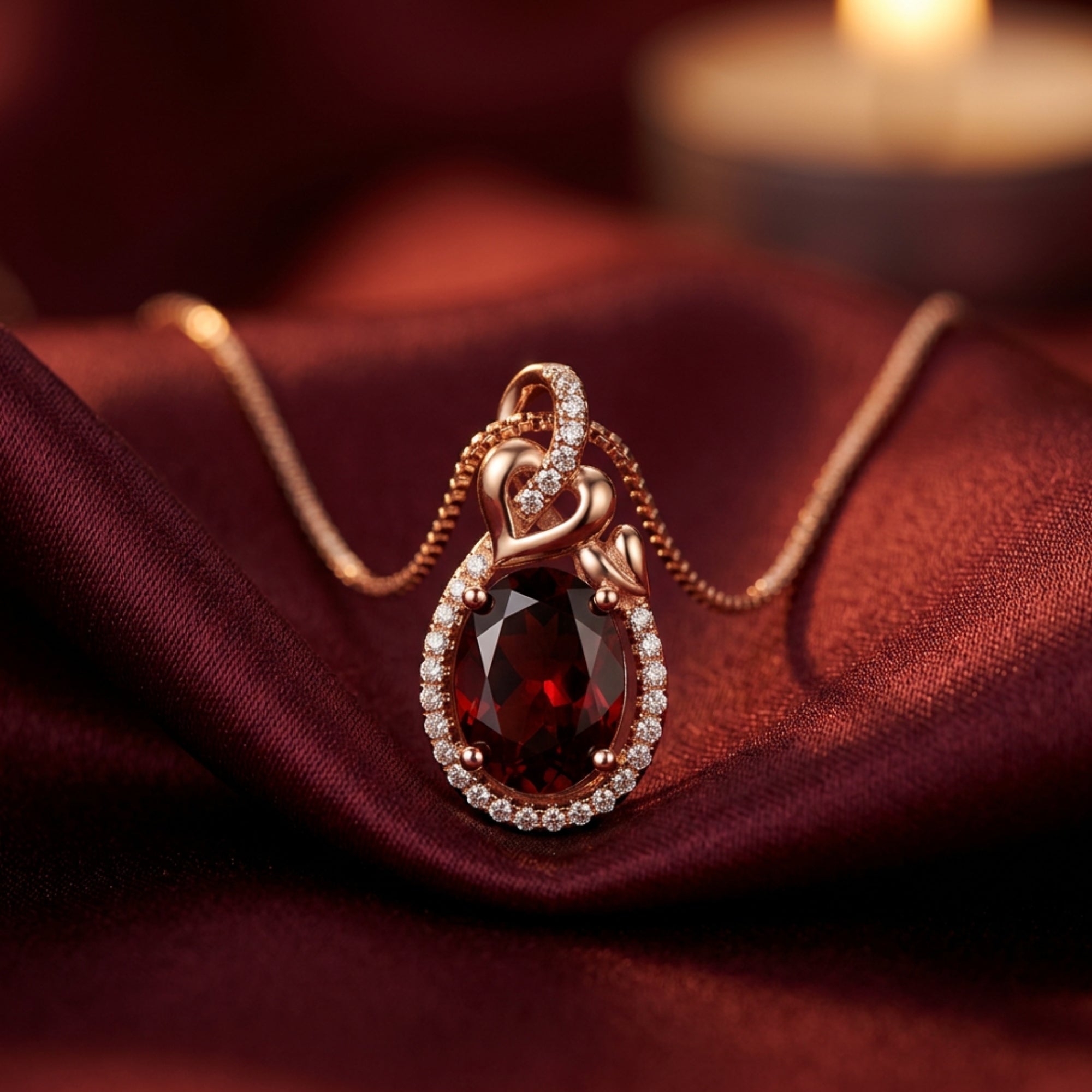 Oval cut garnet pendant necklace in 18K rose gold with a diamond halo, styled on red satin fabric.