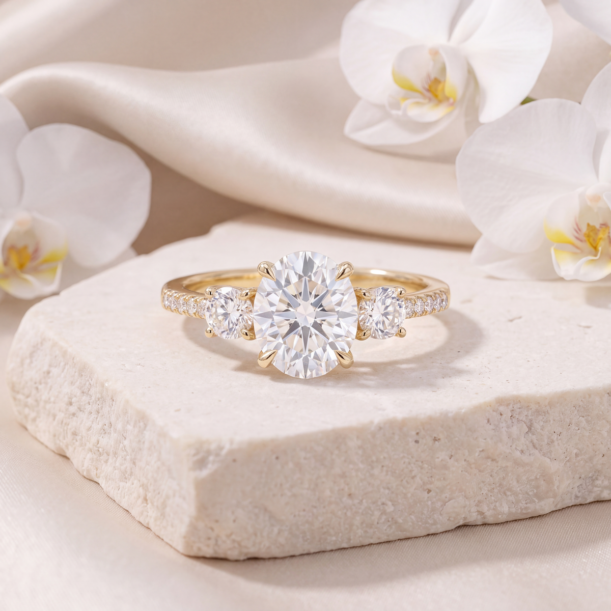 Three-stone oval moissanite engagement ring in yellow gold displayed on a stone slab.