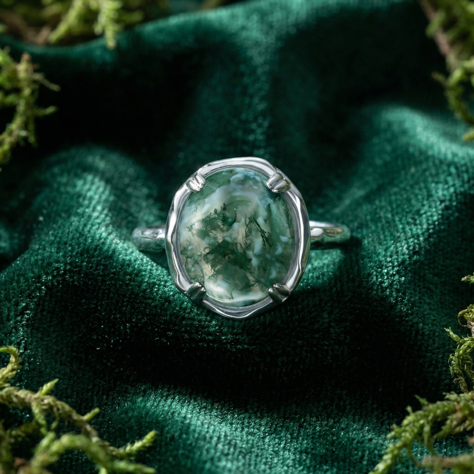 Organic Flow Natural Moss Agate Ring - S925 Sterling Silver