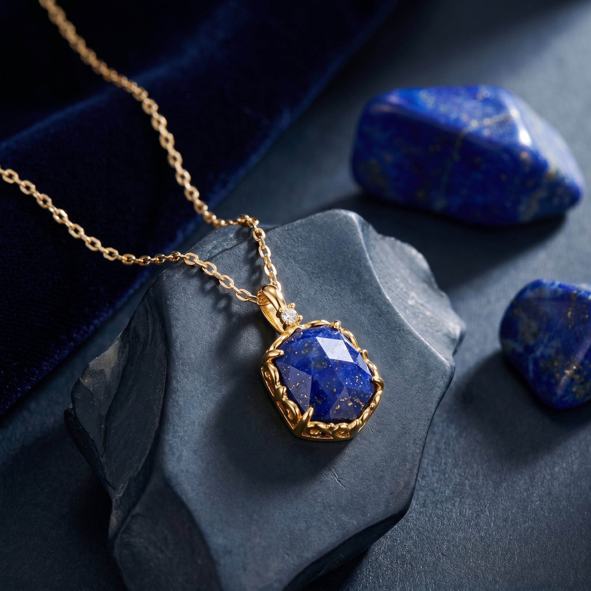 Gold plated hexagon lapis lazuli necklace styled on a dark rock with blue velvet and raw gemstones.