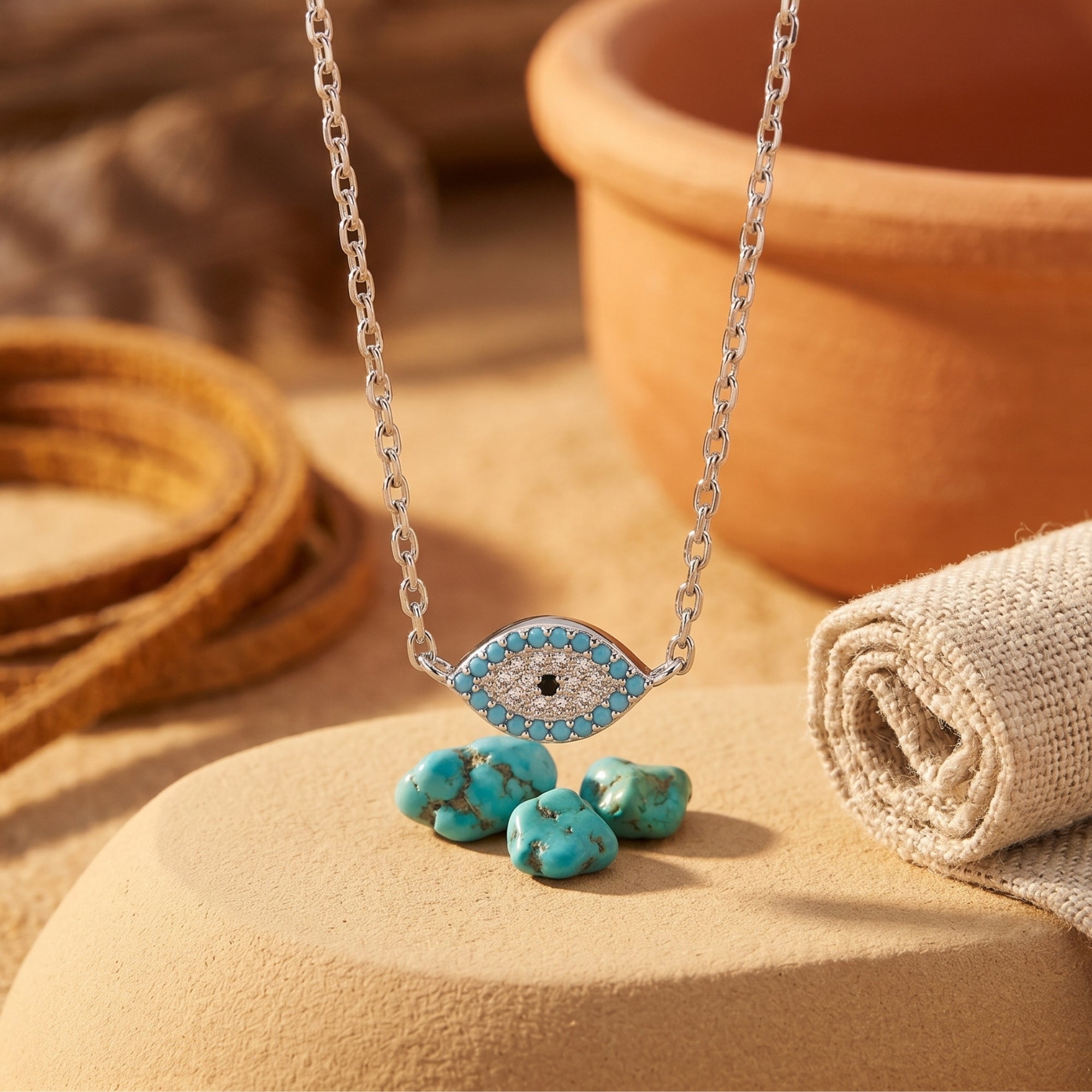 Silver eye pendant necklace with turquoise cabochons and white stones, displayed over raw turquoise in a desert setting.