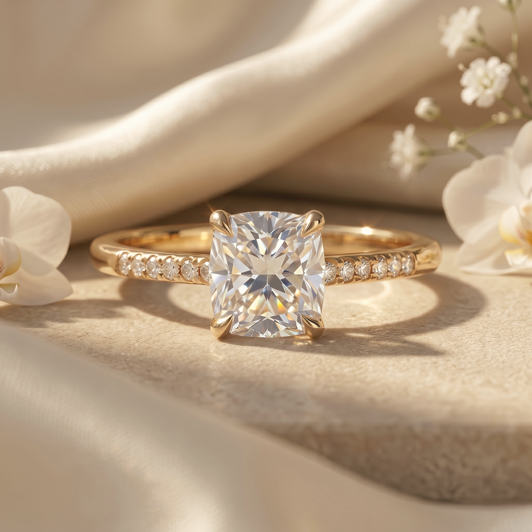 A stunning yellow gold moissanite engagement ring featuring a cushion-cut center stone on a classic pavé band.