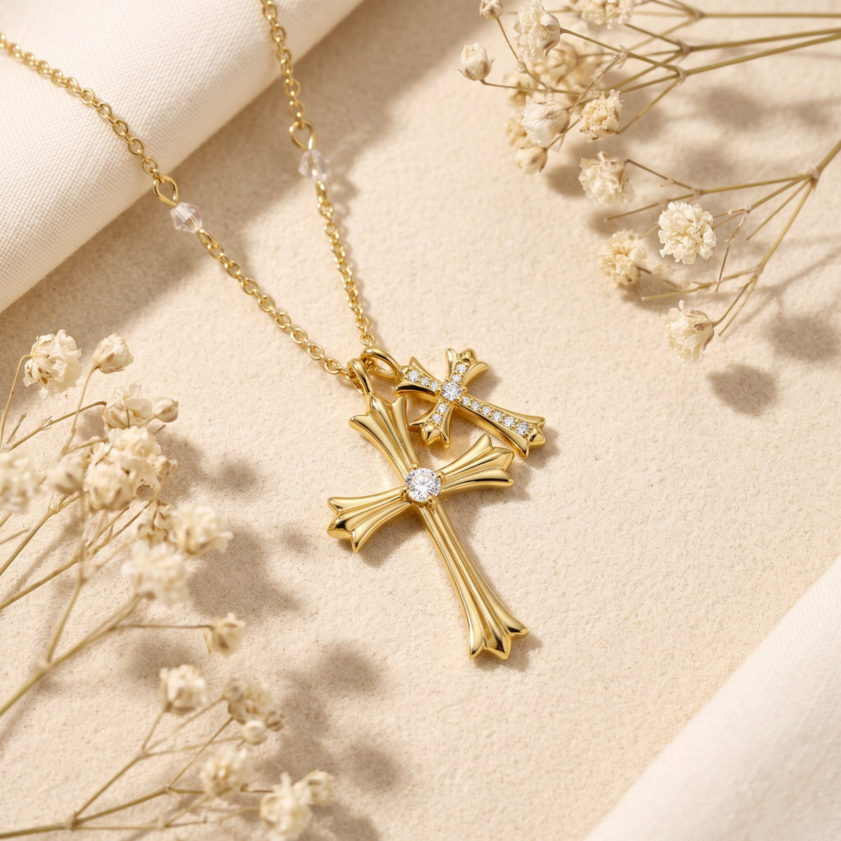 Flat lay of the gold-tone duo cross pendant necklace resting among dried white flowers.