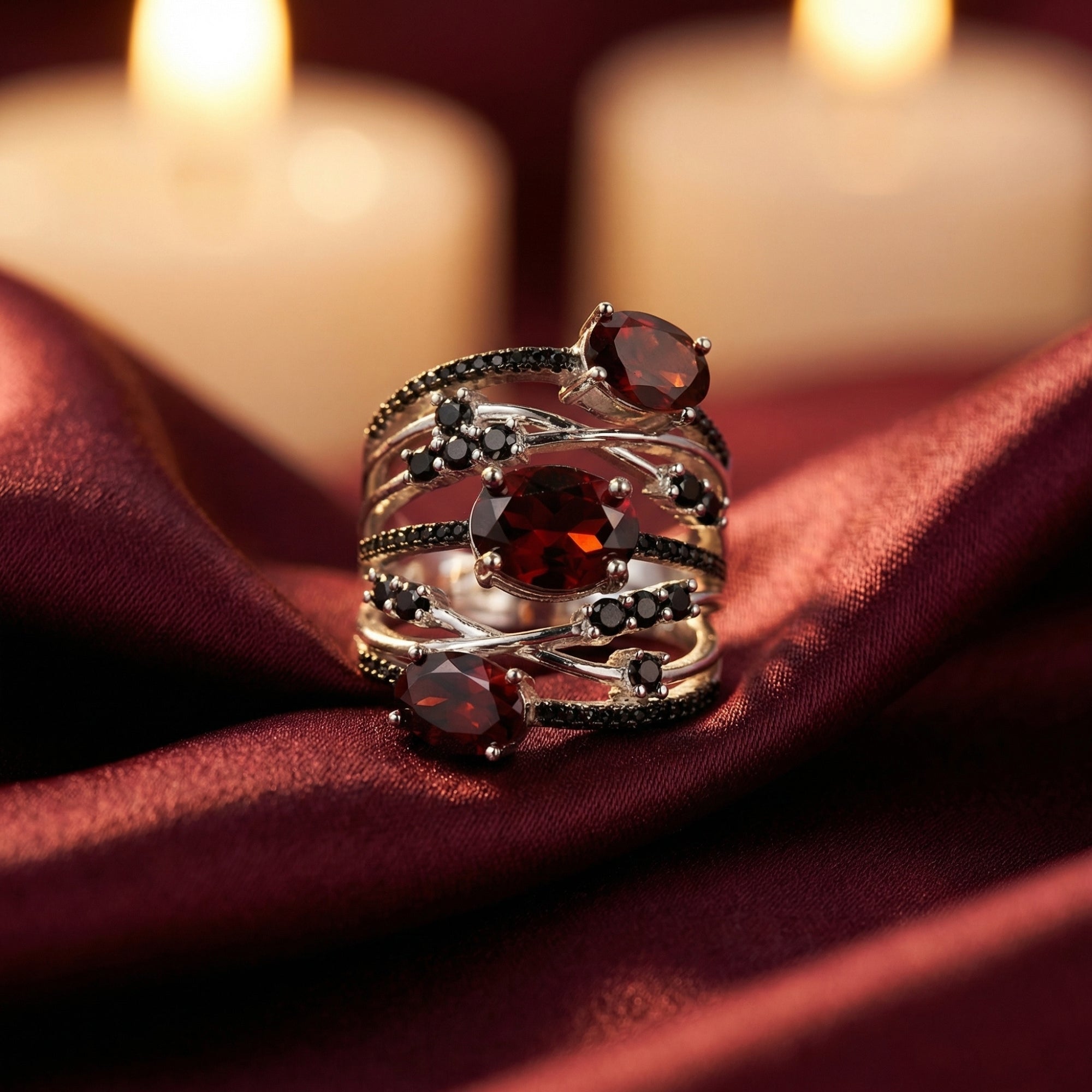 Odelia Trinity Ring in S925 sterling silver with three oval red garnets on burgundy silk with candles.