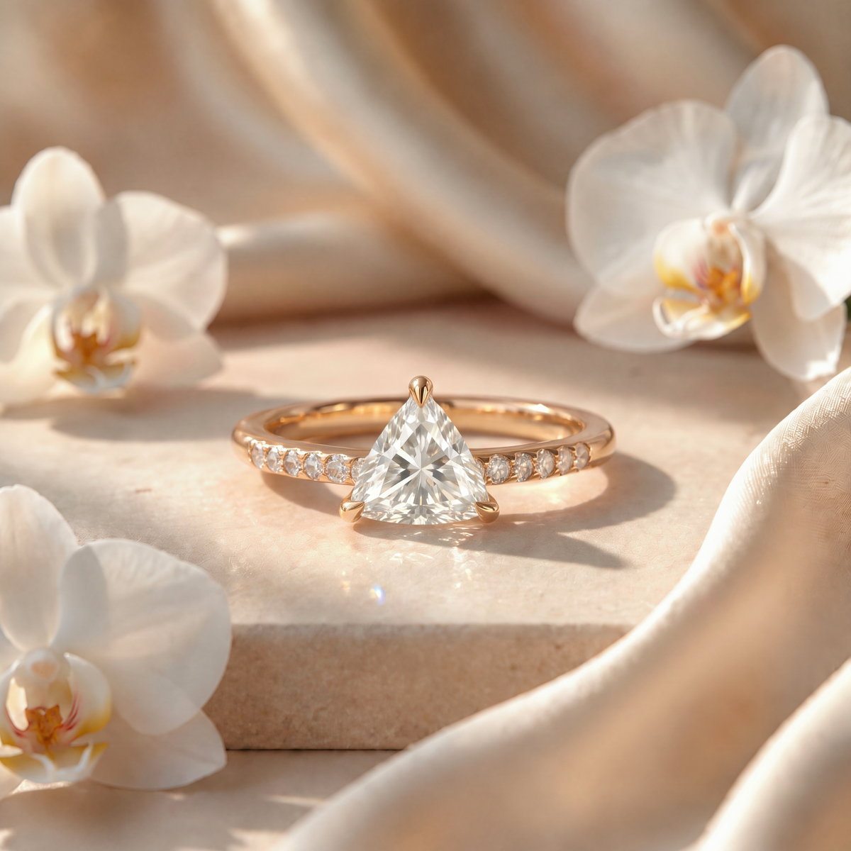 Frontal view of a yellow gold trillion-cut moissanite engagement ring with a pave band.