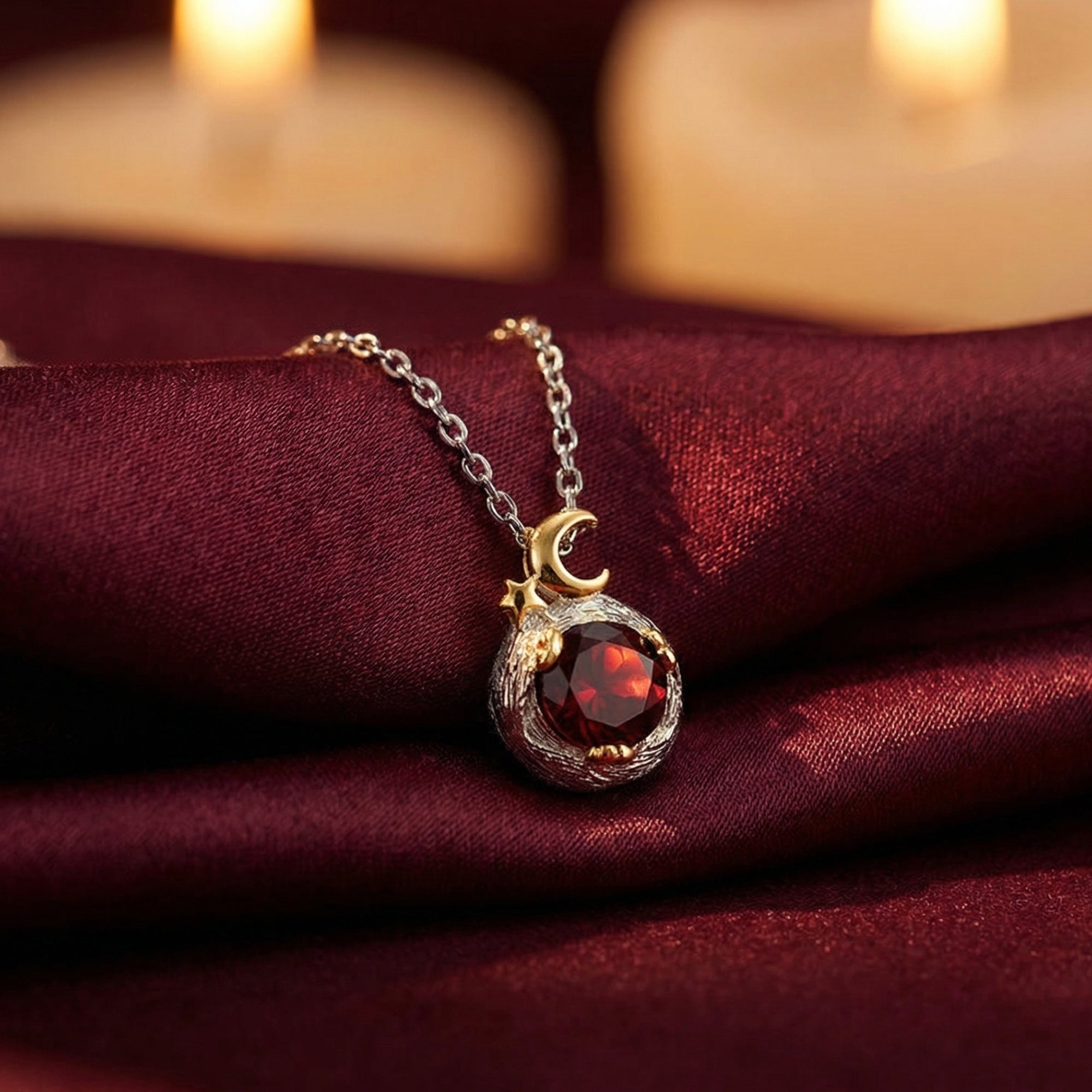 Round cut red garnet pendant with gold moon and star on a silver chain, resting on red silk with candles.