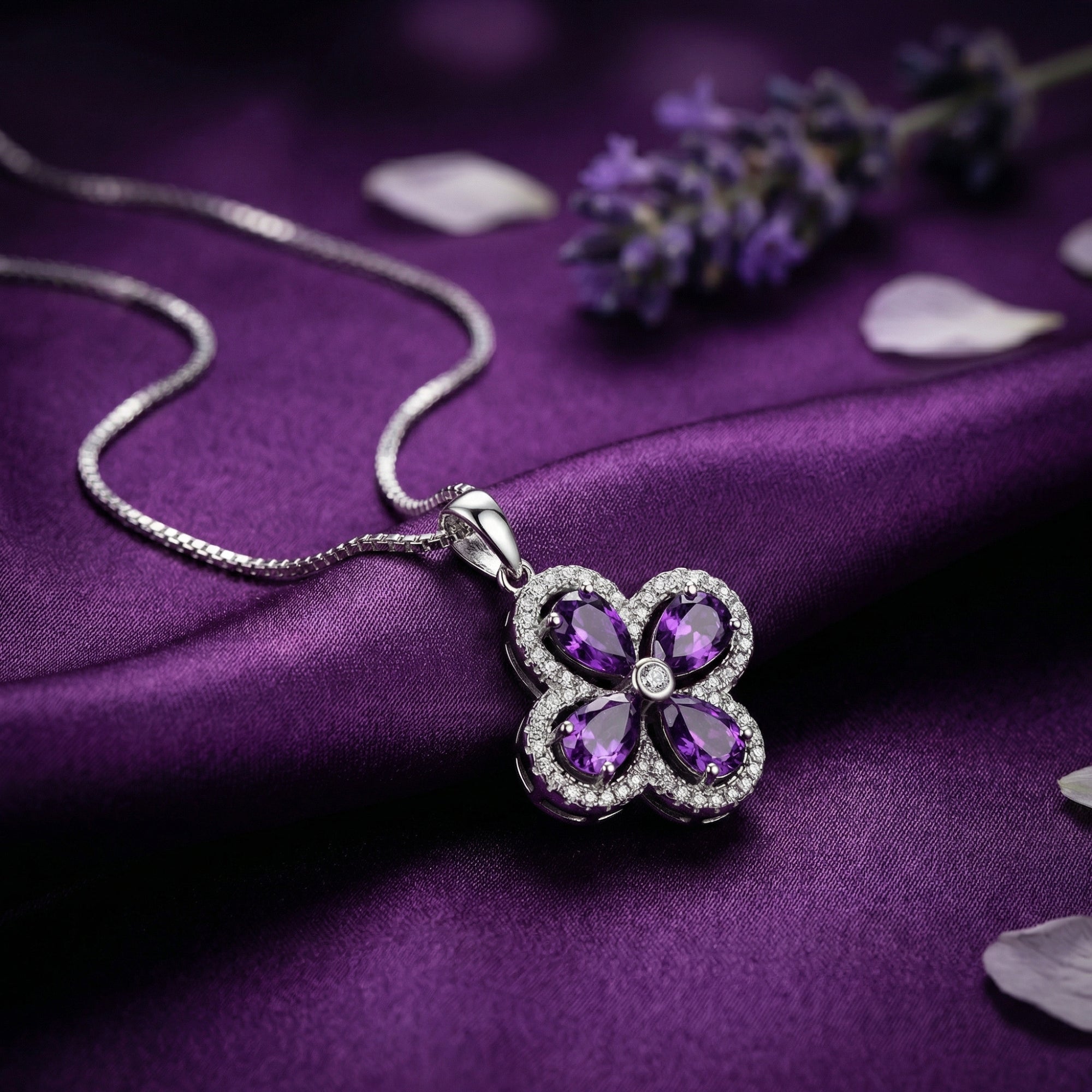 Angled view of the pear-cut amethyst floral pendant and silver chain on draped purple silk.