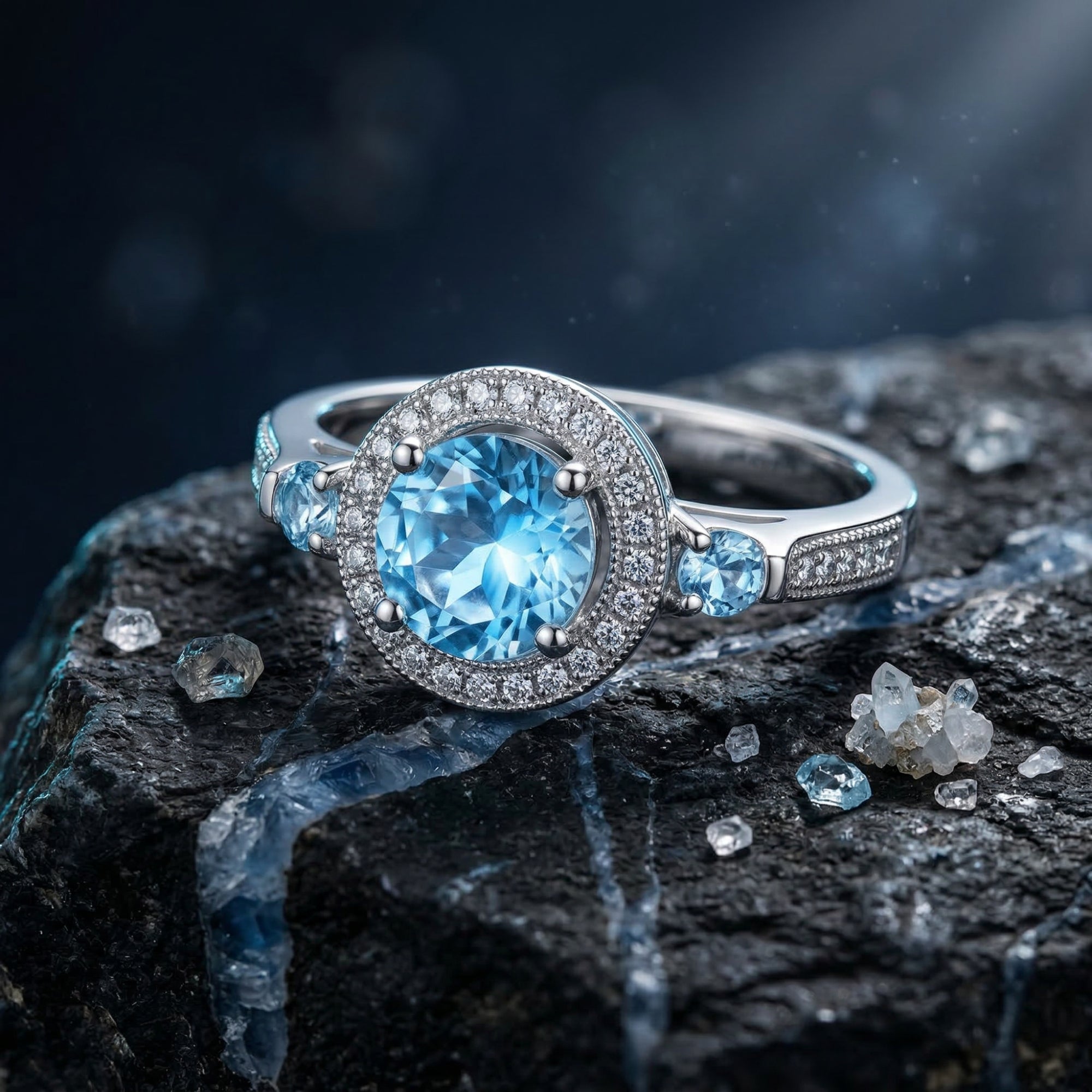 Round cut blue topaz ring in sterling silver with a halo setting, displayed on a dark textured rock.