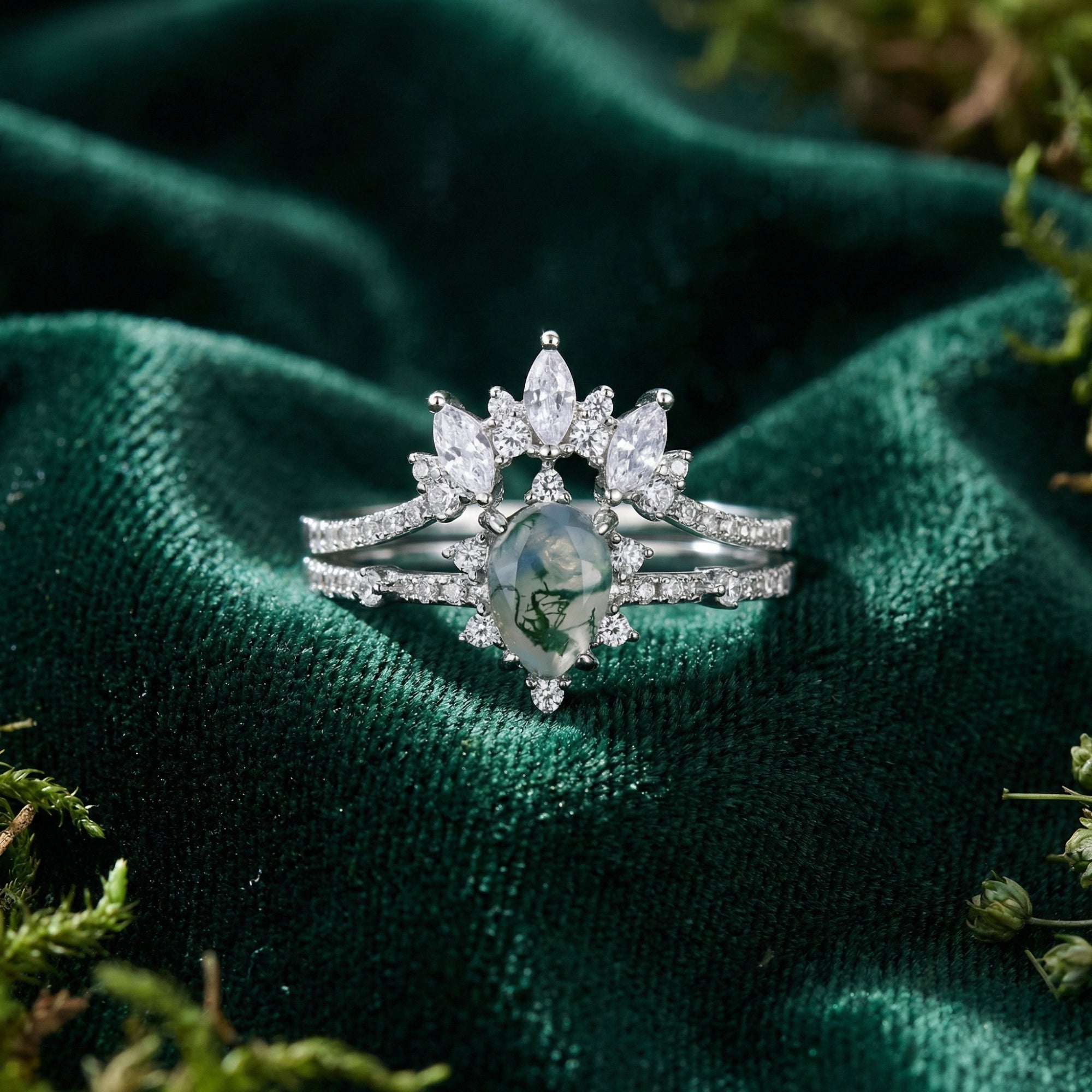 Frosted Kite Cut Moss Agate Marquise Diamond Silver Ring Set - S925 Sterling Silver