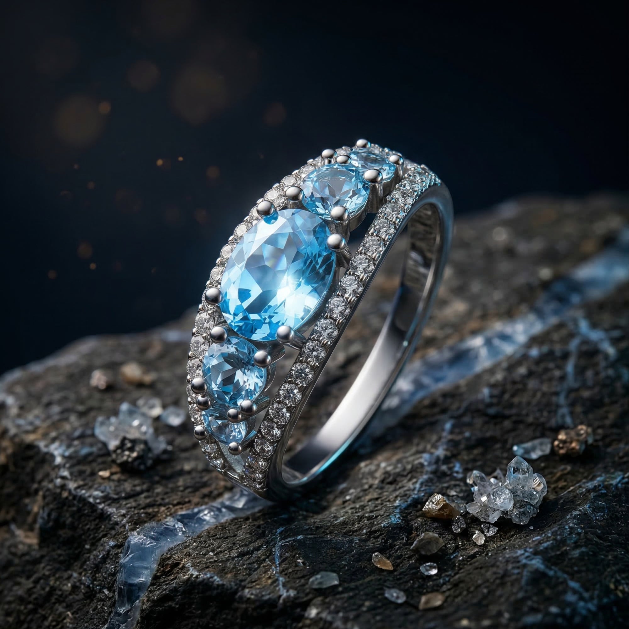 Oval cut Swiss blue topaz ring in sterling silver displayed on a dark, textured rock surface.