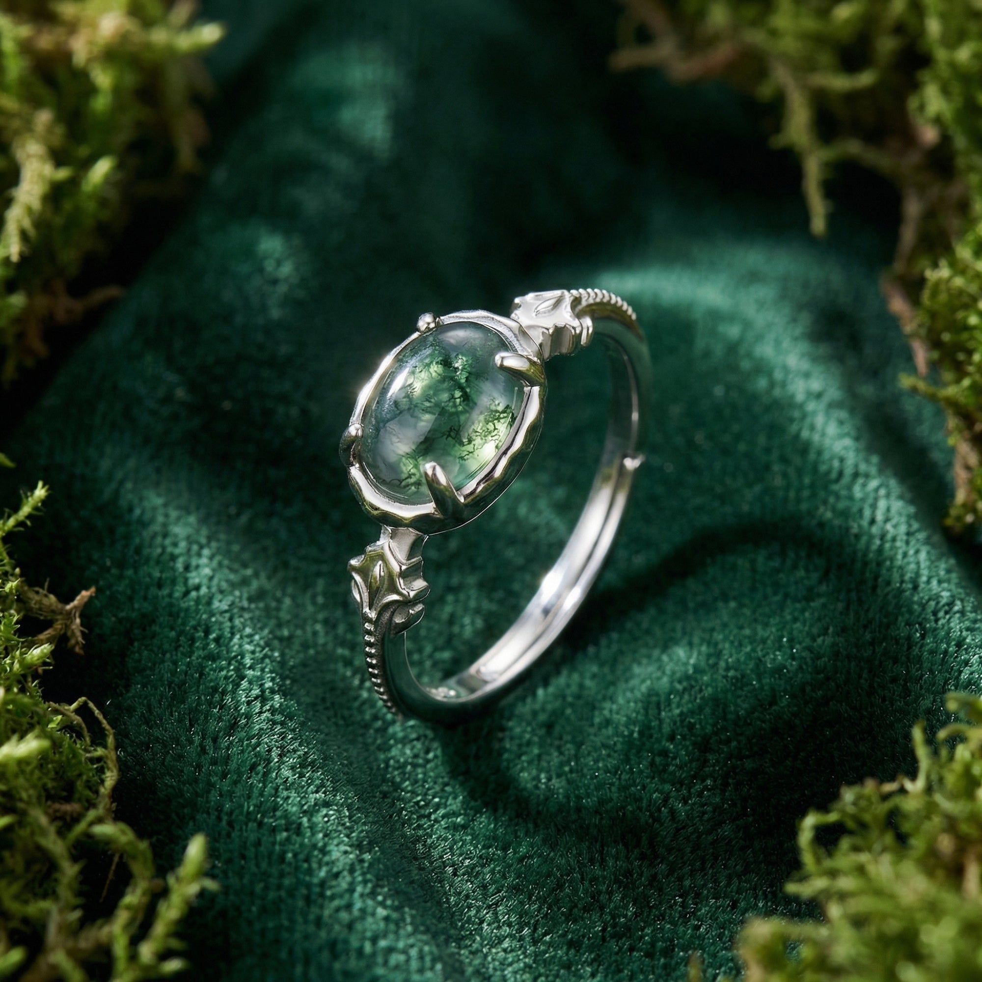 Oval Natural Moss Agate Leaf Engraved Ring - S925 Sterling Silver
