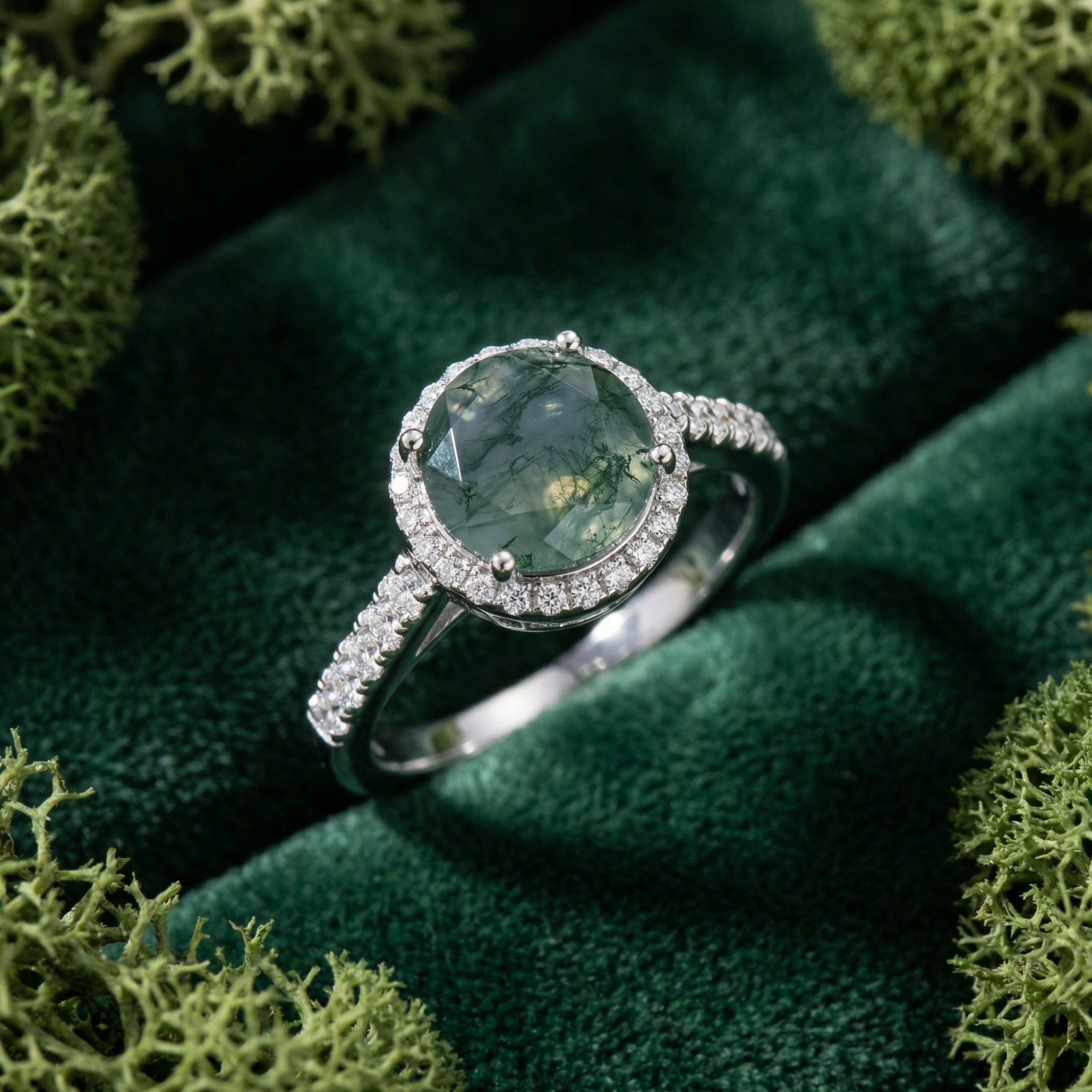 Oval Natural Moss Agate and Diamond Accented Ring - S925 Sterling Silver
