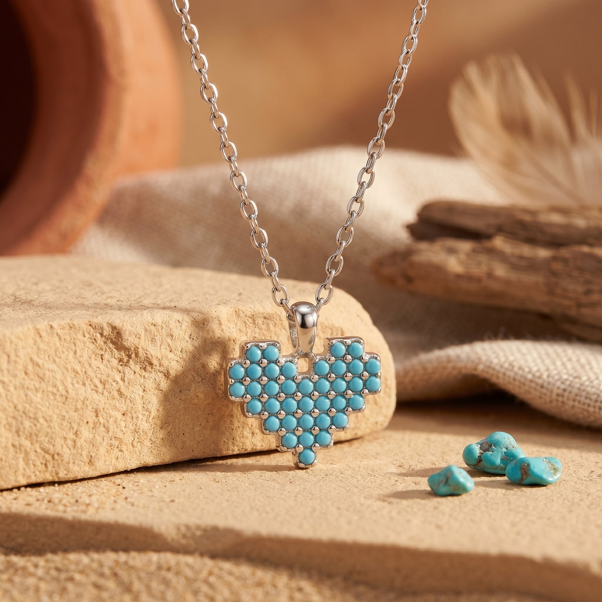 Silver heart necklace with round turquoise beads resting on a desert stone in a styled lifestyle setting.