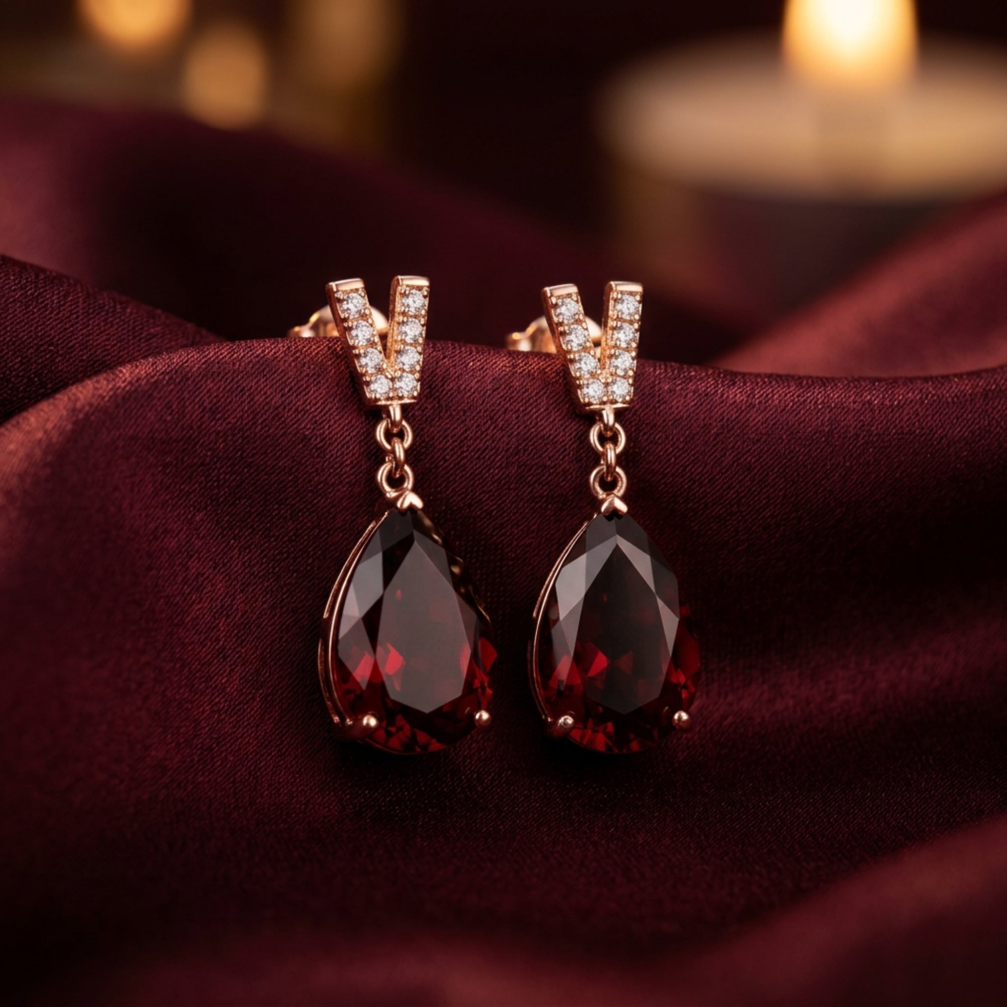 Olyndra pear drop earrings in 18K rose gold with pear-cut natural garnets on a red silk background.