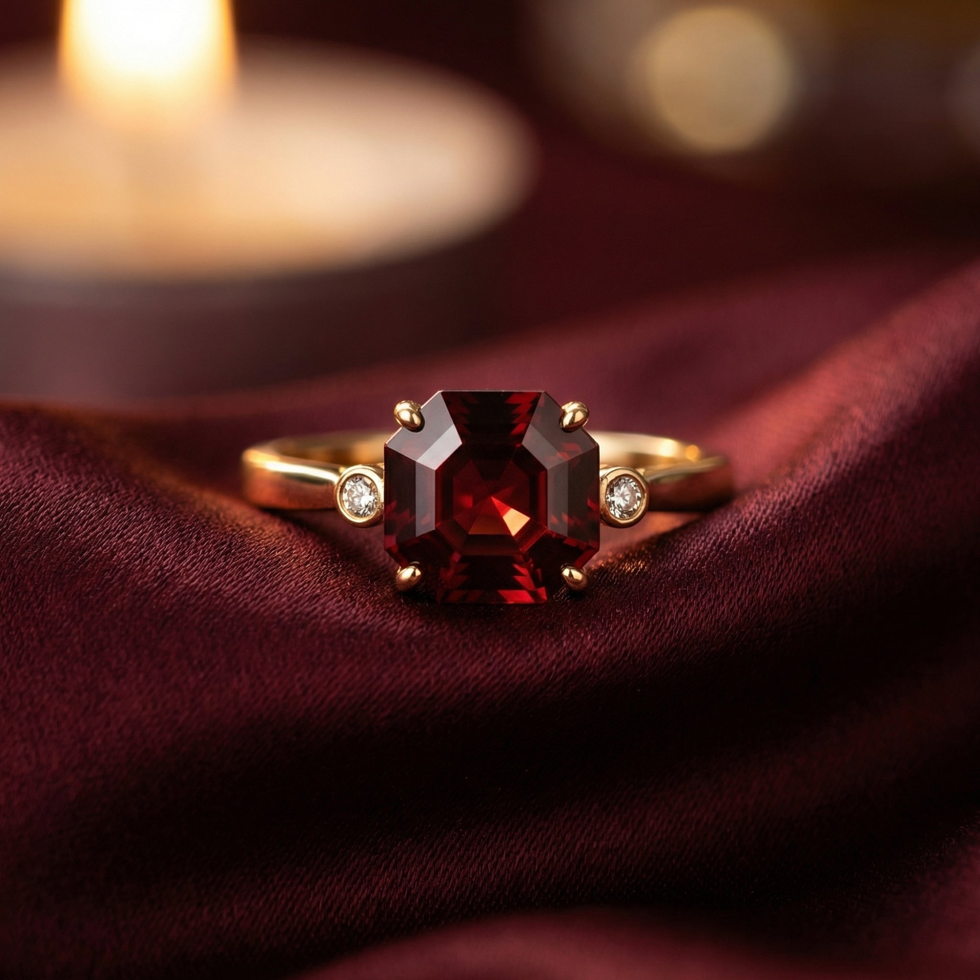 Close-up of the 3-carat octagon garnet and diamond accents on an 18K yellow gold ring over red silk.