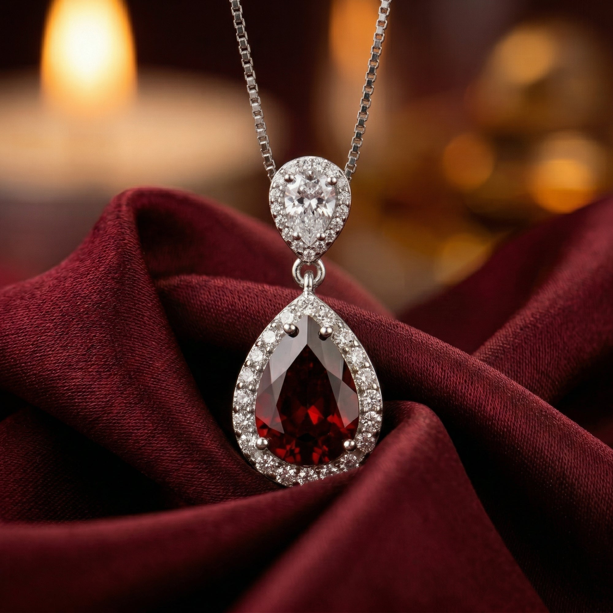 Pear cut garnet pendant in a silver halo setting resting on elegant burgundy silk fabric.