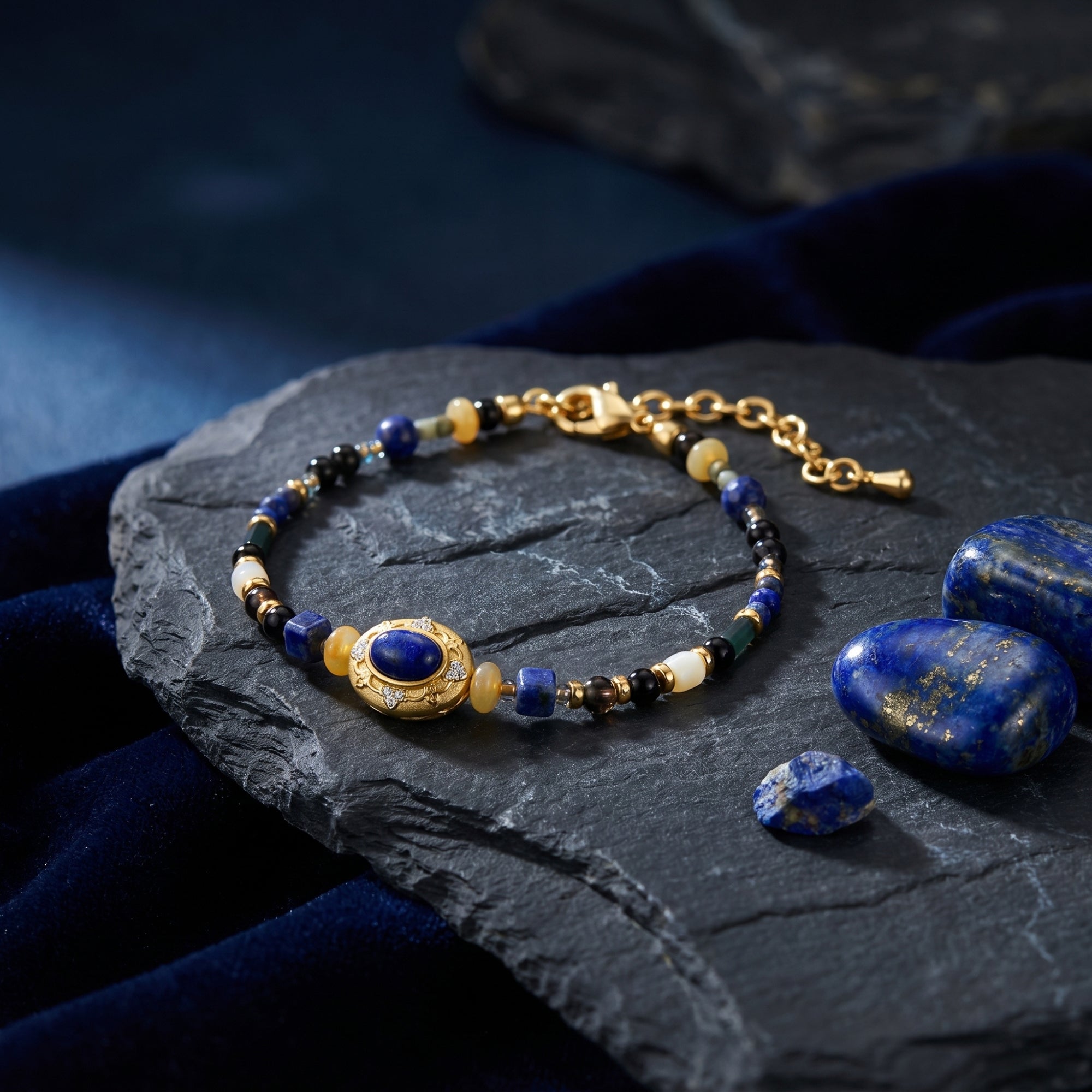Gold-plated bead bracelet with a central lapis lazuli cabochon on a dark slate rock lifestyle background.