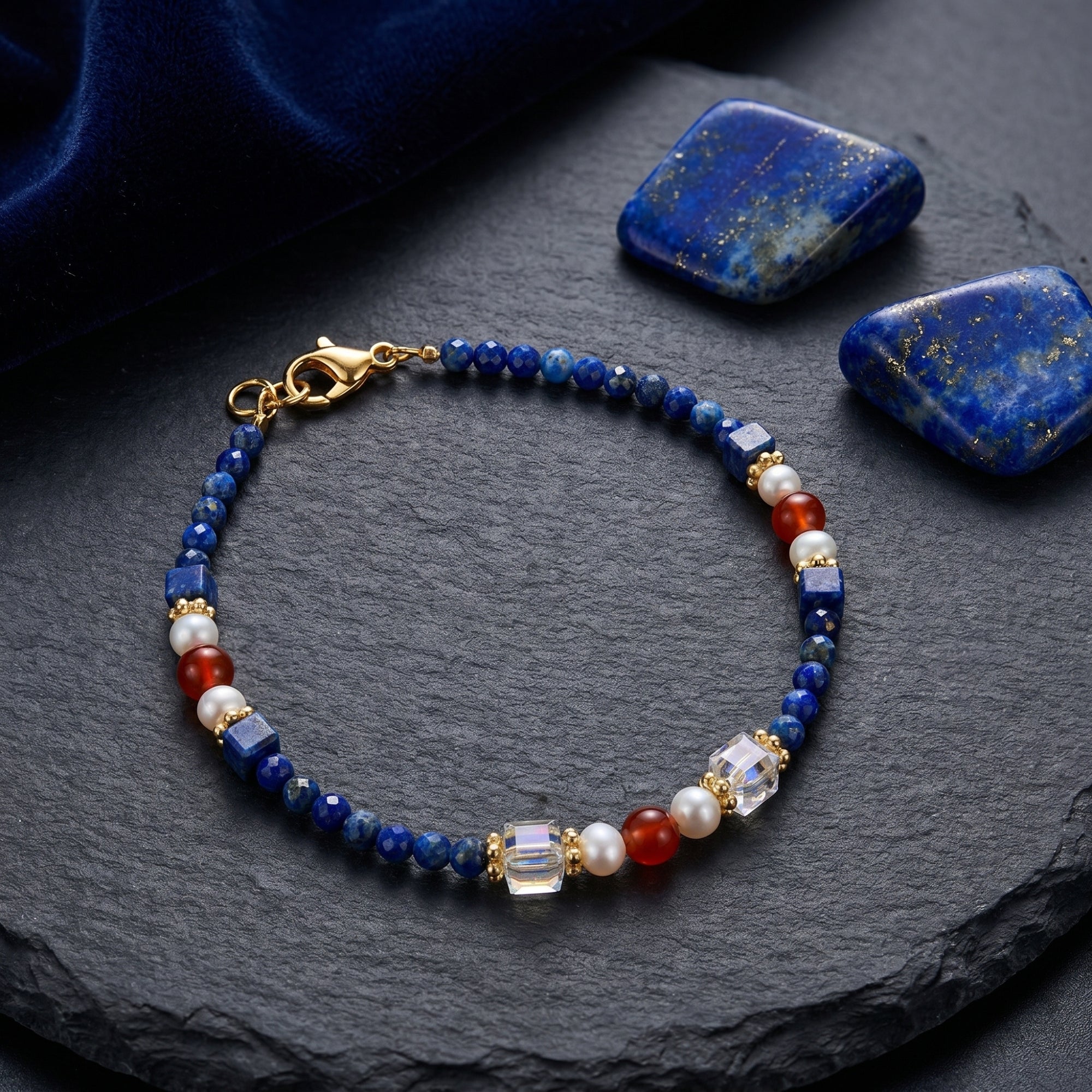 Gold plated lapis lazuli bead bracelet with pearls and crystals on a dark stone surface with raw lapis stones.