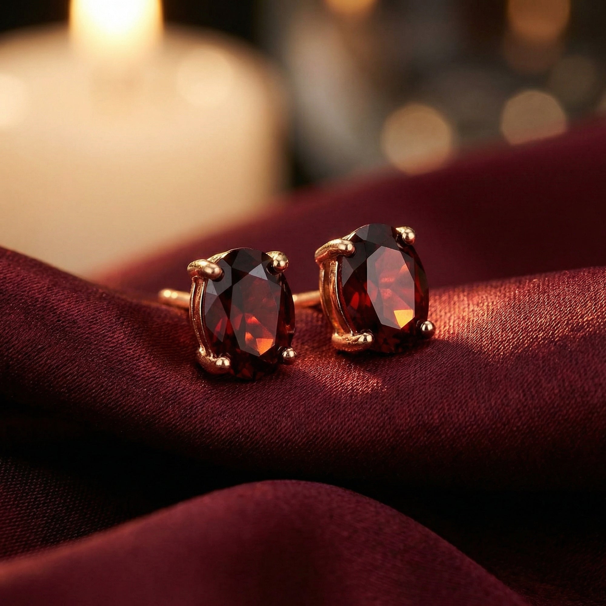 Oval garnet stud earrings in 18K rose gold resting on dark red silk fabric with a blurred candle background.