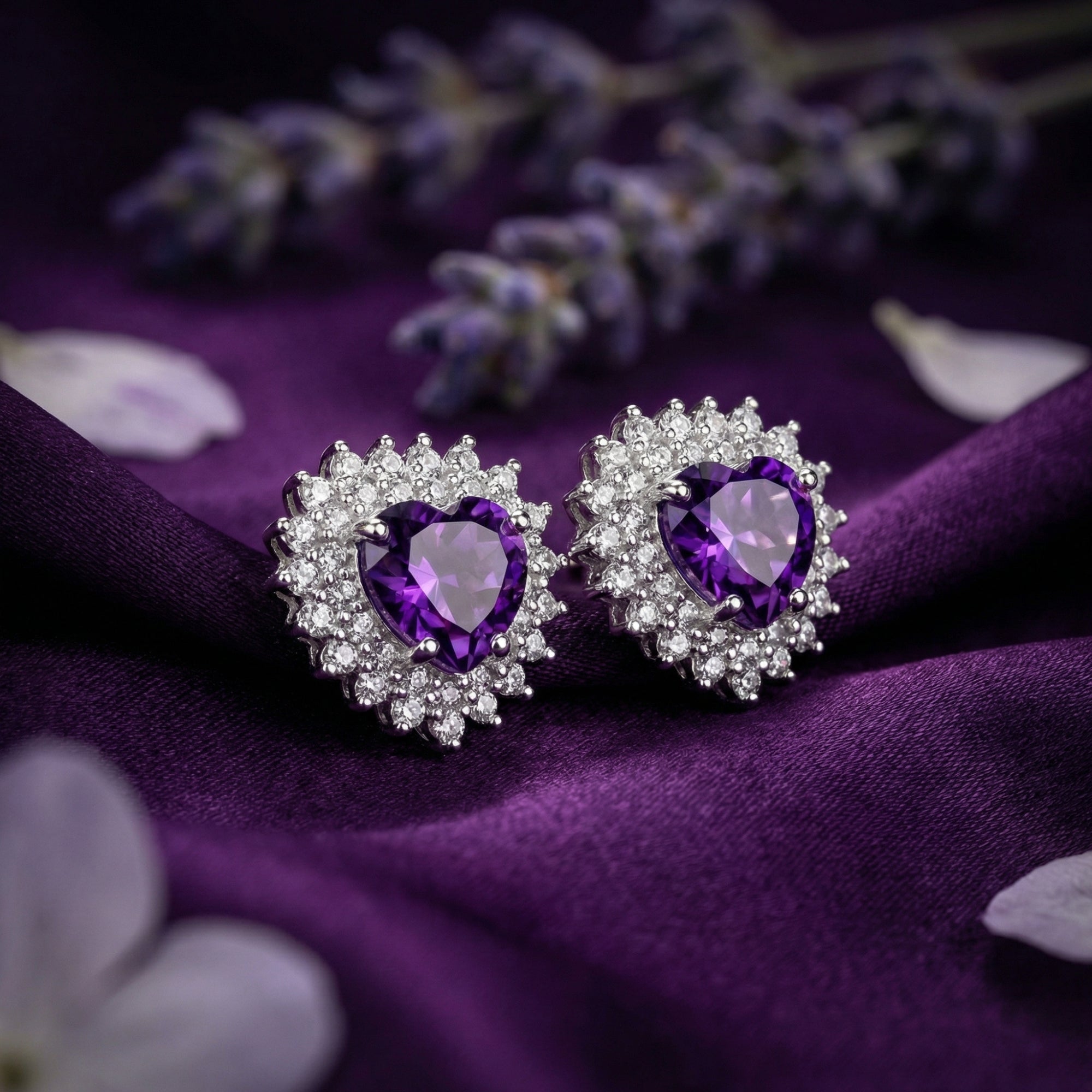 Heart cut amethyst earrings in sterling silver with a halo, styled on purple silk with lavender sprigs.