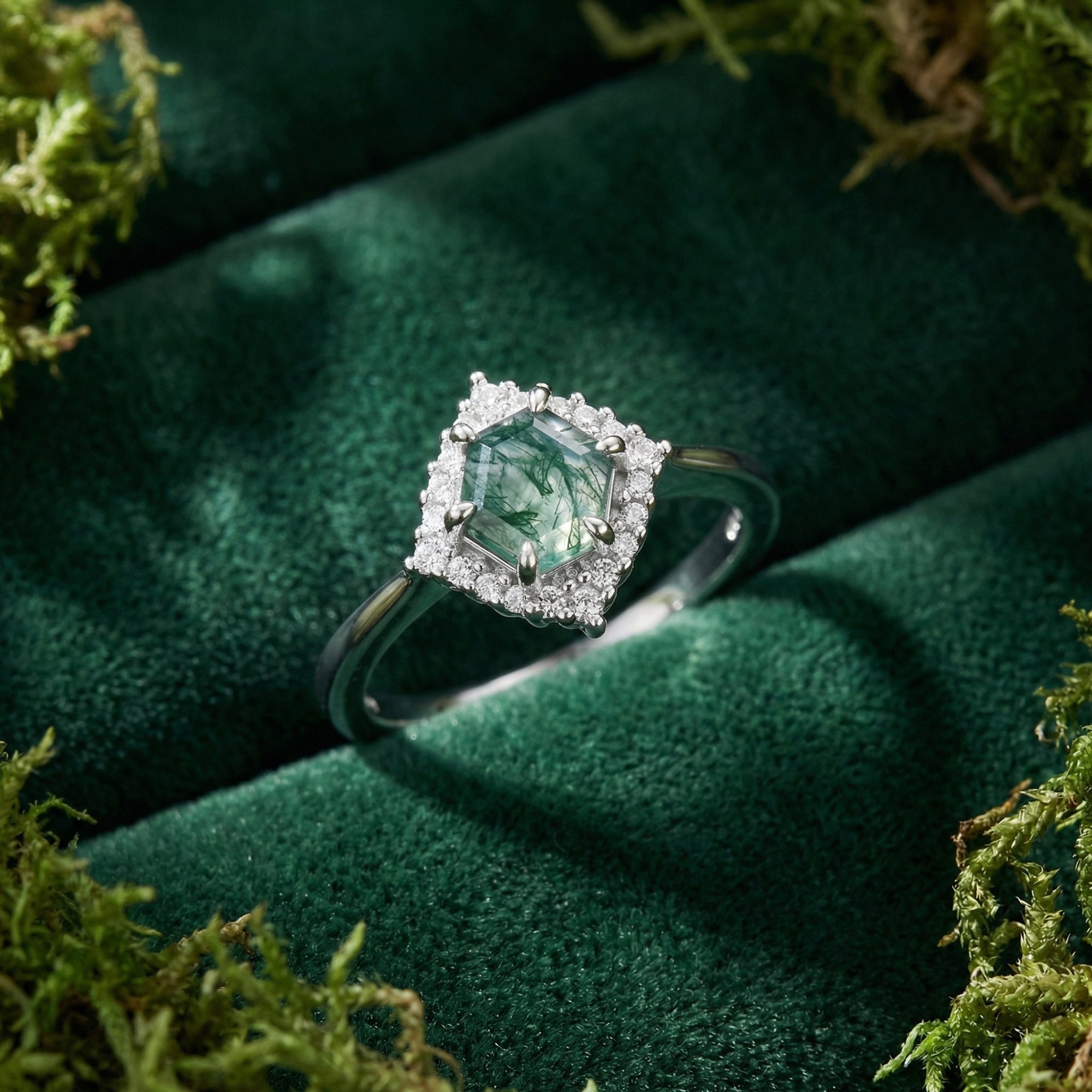 Hexagonal Natural Moss Agate Halo Diamond Ring - S925 Sterling Silver
