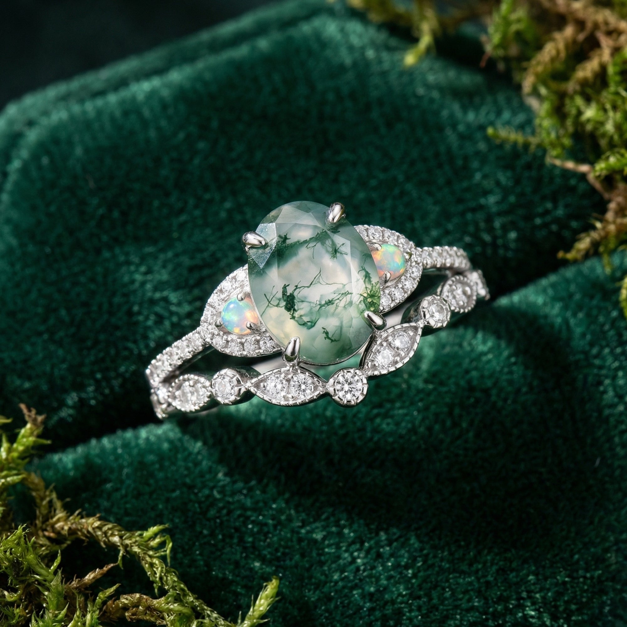 Oval Cut Moss Agate Diamond Curved Band Ring Set - S925 Sterling Silver