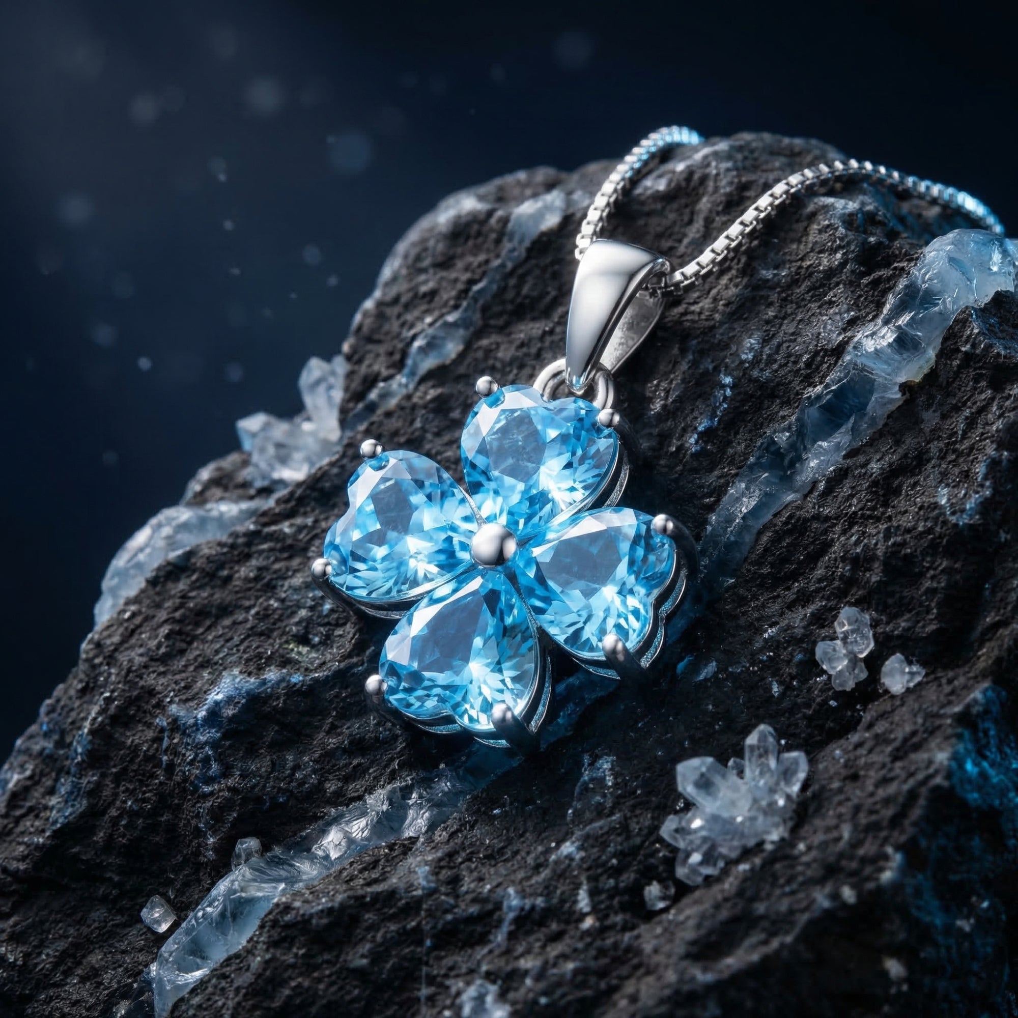 Heart-cut blue topaz clover pendant necklace in white gold resting on a dark textured rock.