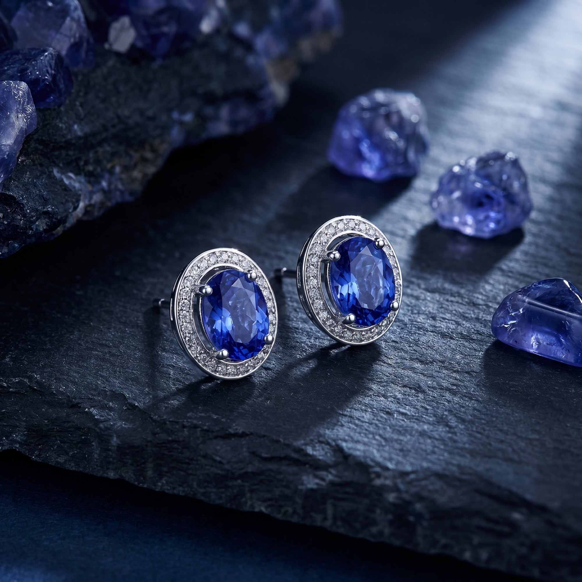 Oval natural tanzanite stud earrings in 18K white gold with diamond halos on dark slate with raw gemstones.
