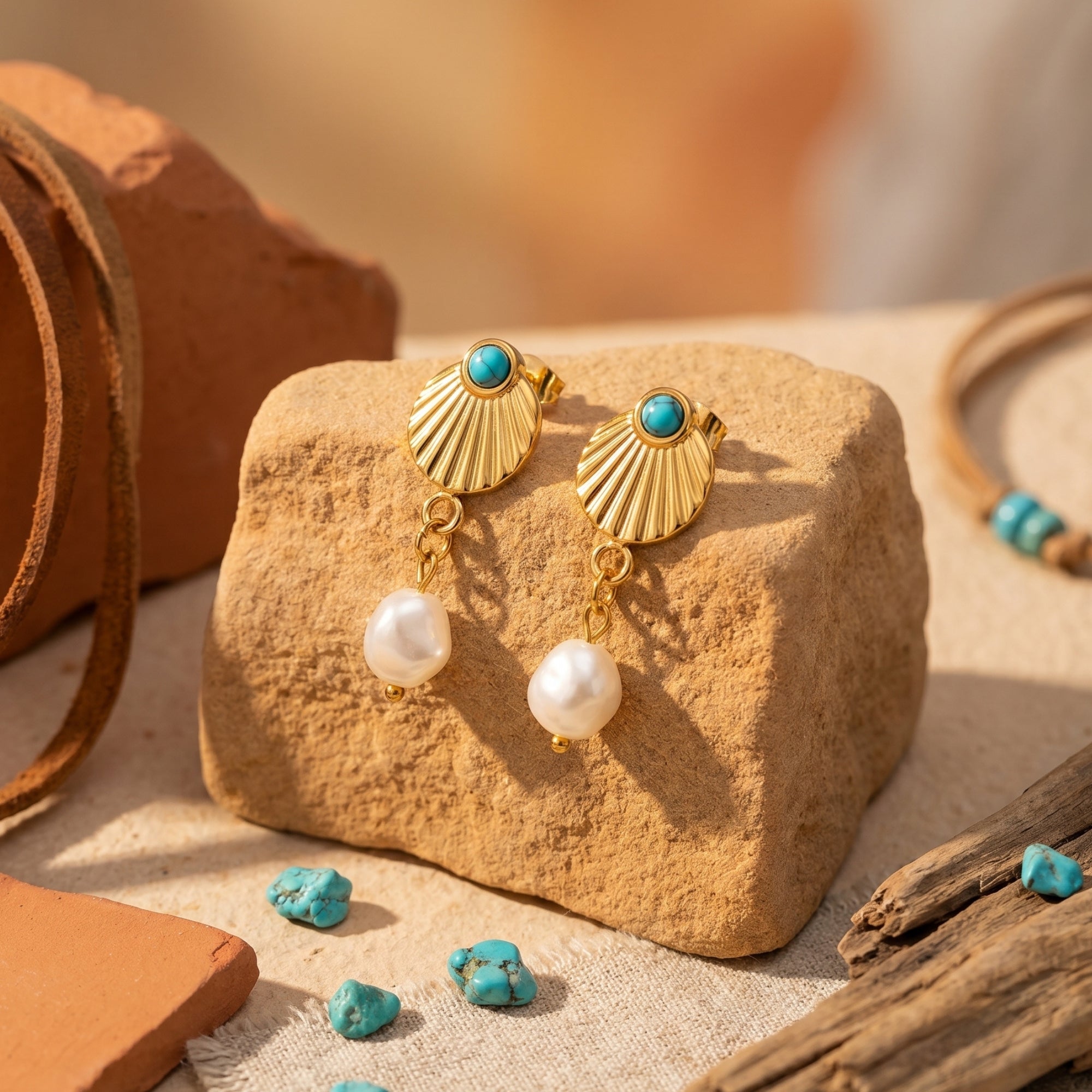 Gold shell drop earrings with turquoise beads and white pearls displayed on a rock in a desert-inspired scene.