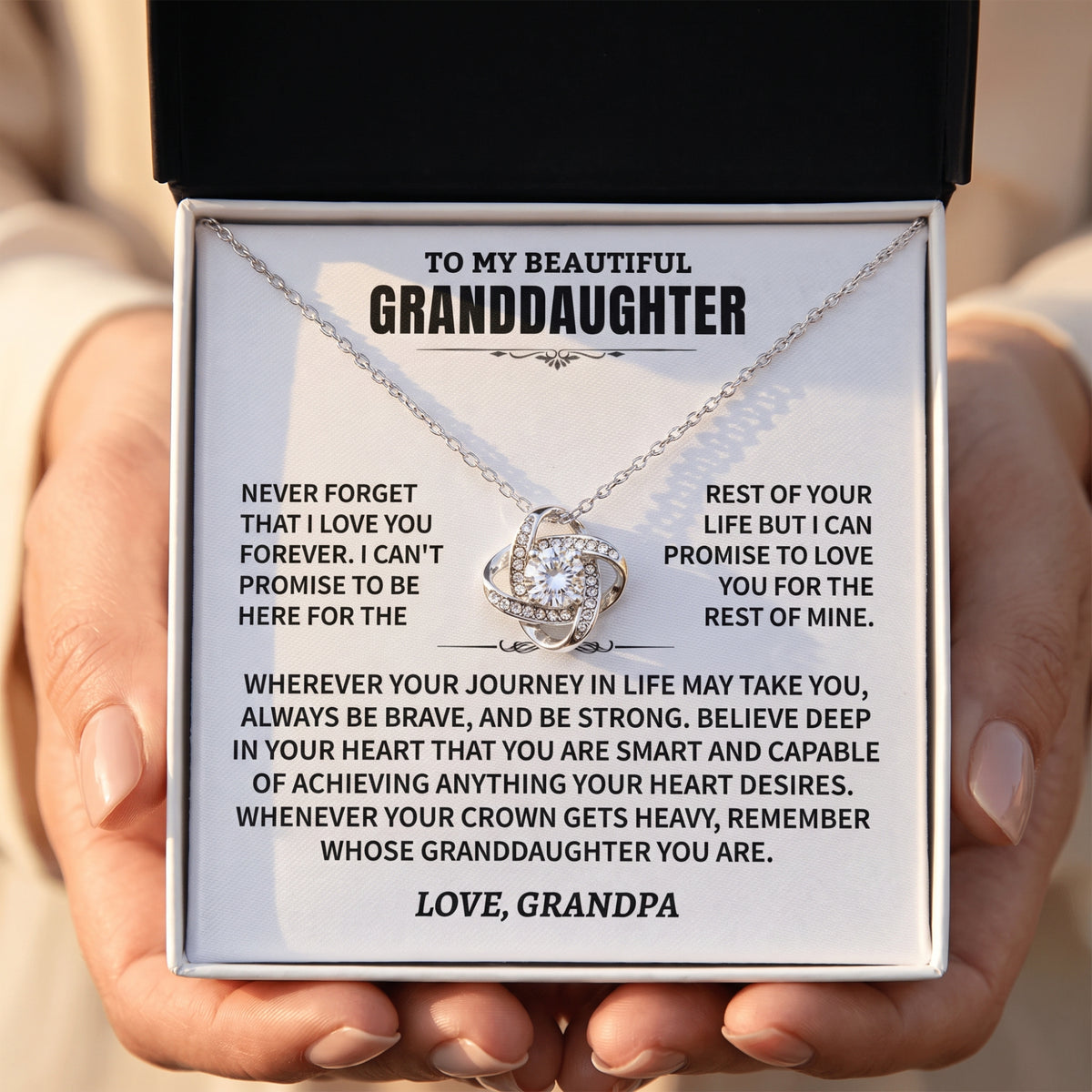 Silver Eternal Knot necklace with the included To My Beautiful Granddaughter card from Grandpa