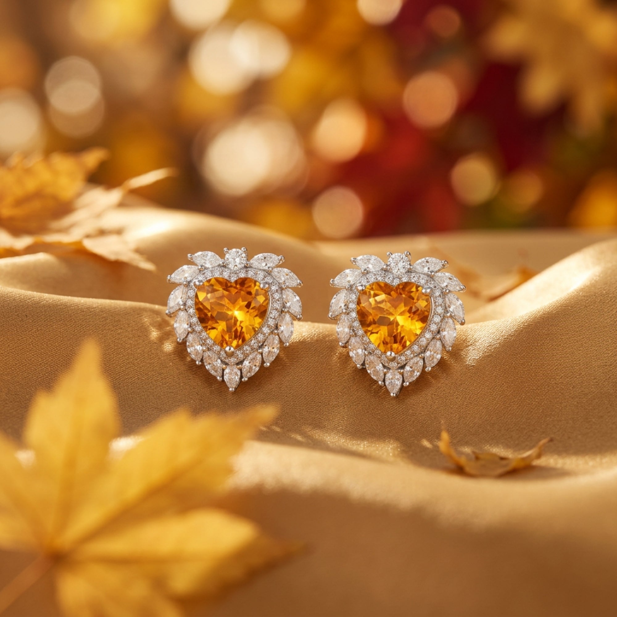 Heart-cut natural citrine earrings in white gold styled on gold fabric with autumn leaves.
