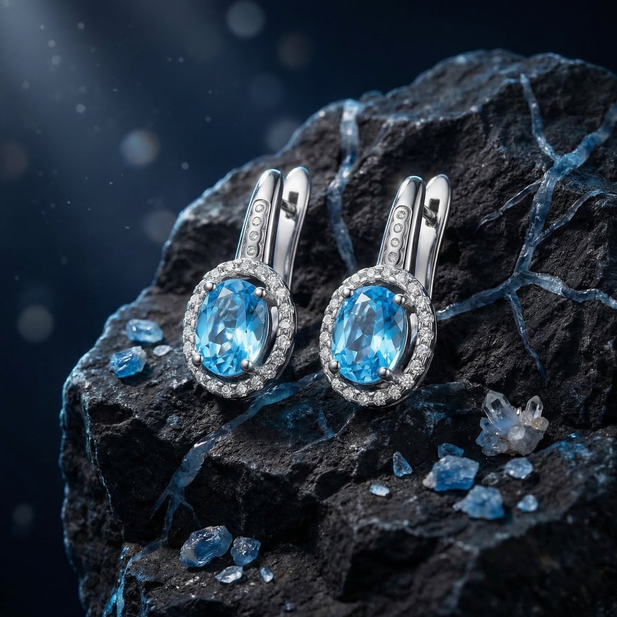 Oval Swiss blue topaz halo drop earrings in sterling silver, styled on a dark textured rock with blue crystals.