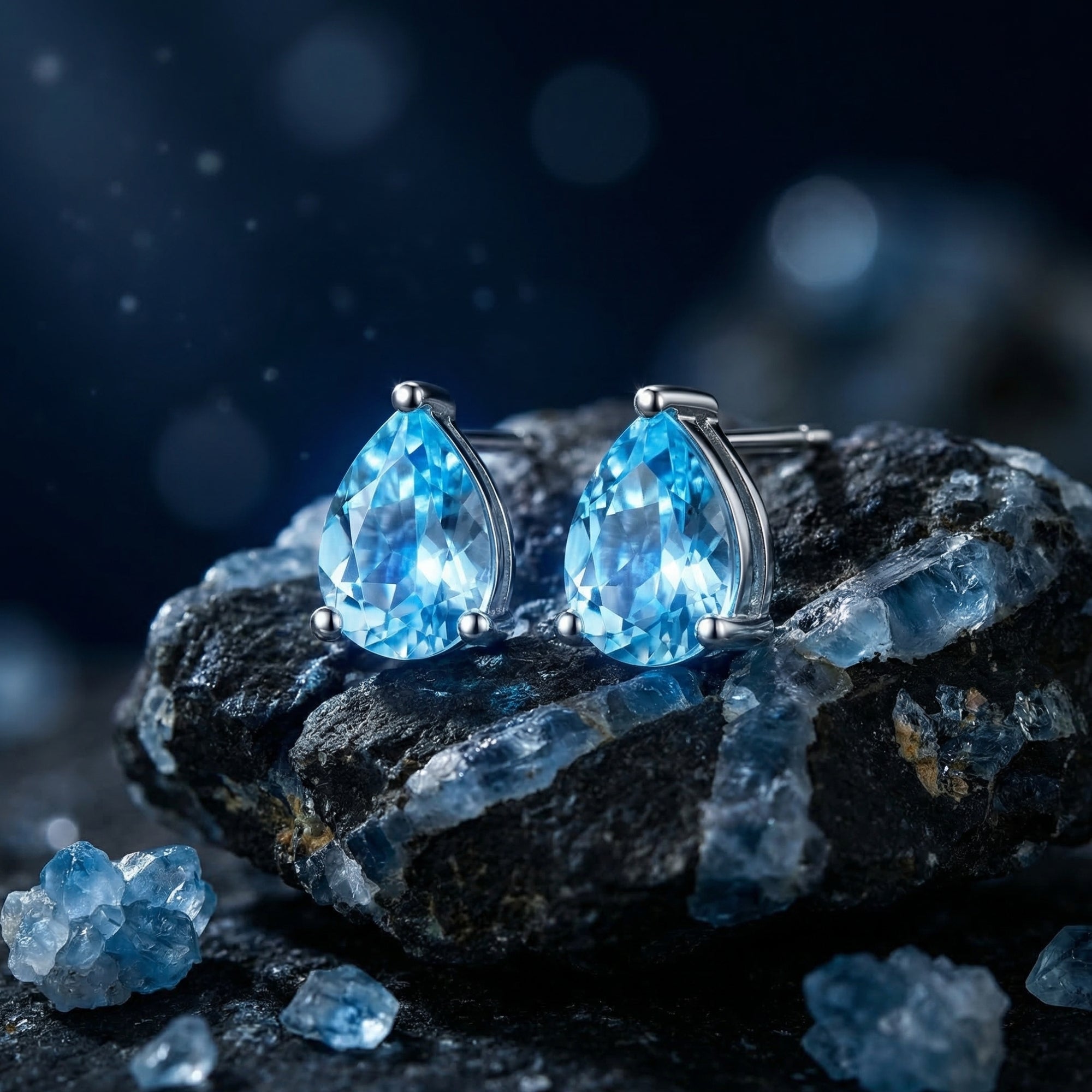 Pear-cut Swiss blue topaz earrings in sterling silver resting on dark volcanic rock with blue crystal accents.