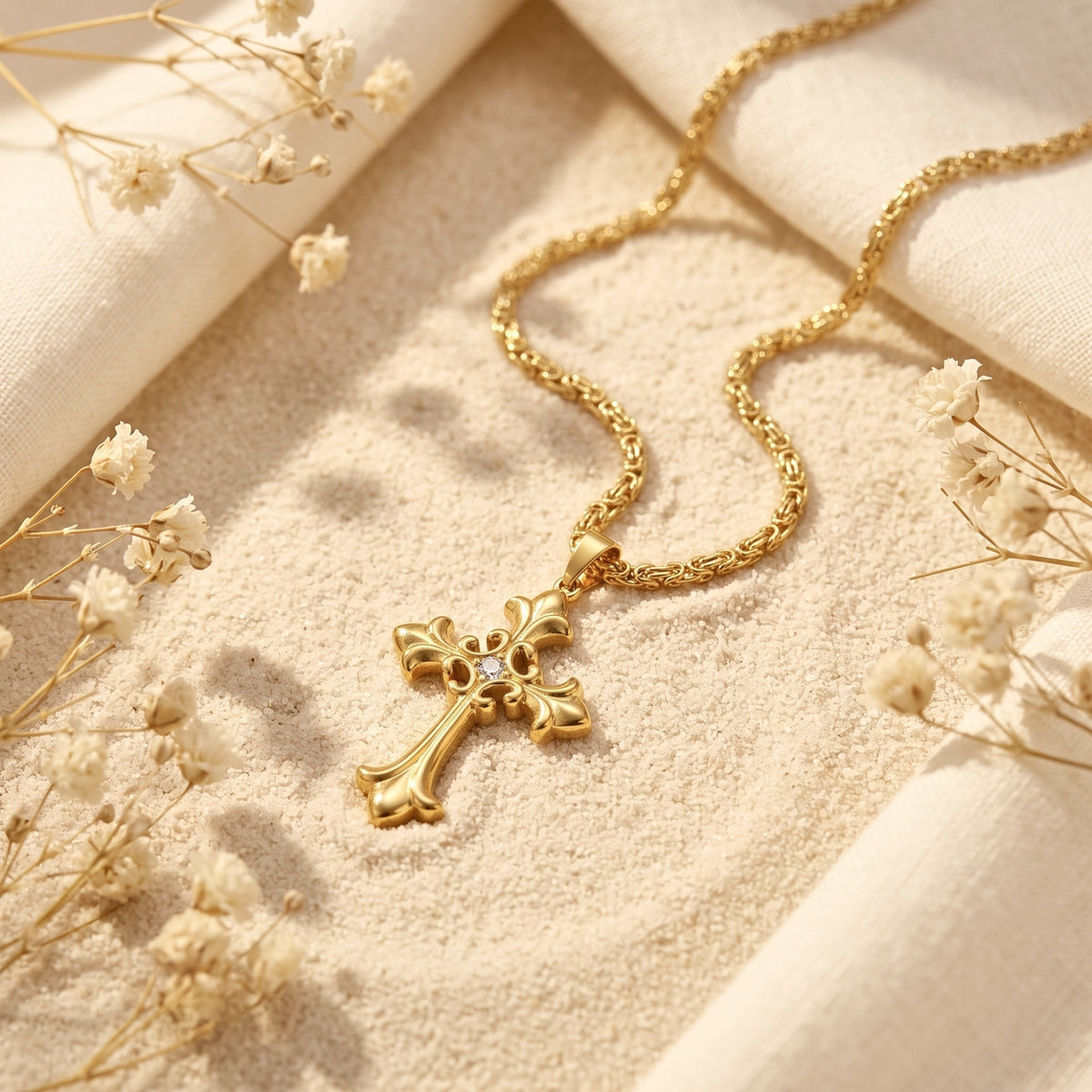 Gold-tone filigree cross necklace with a clear gem resting on sand beside white linen and dried flowers.