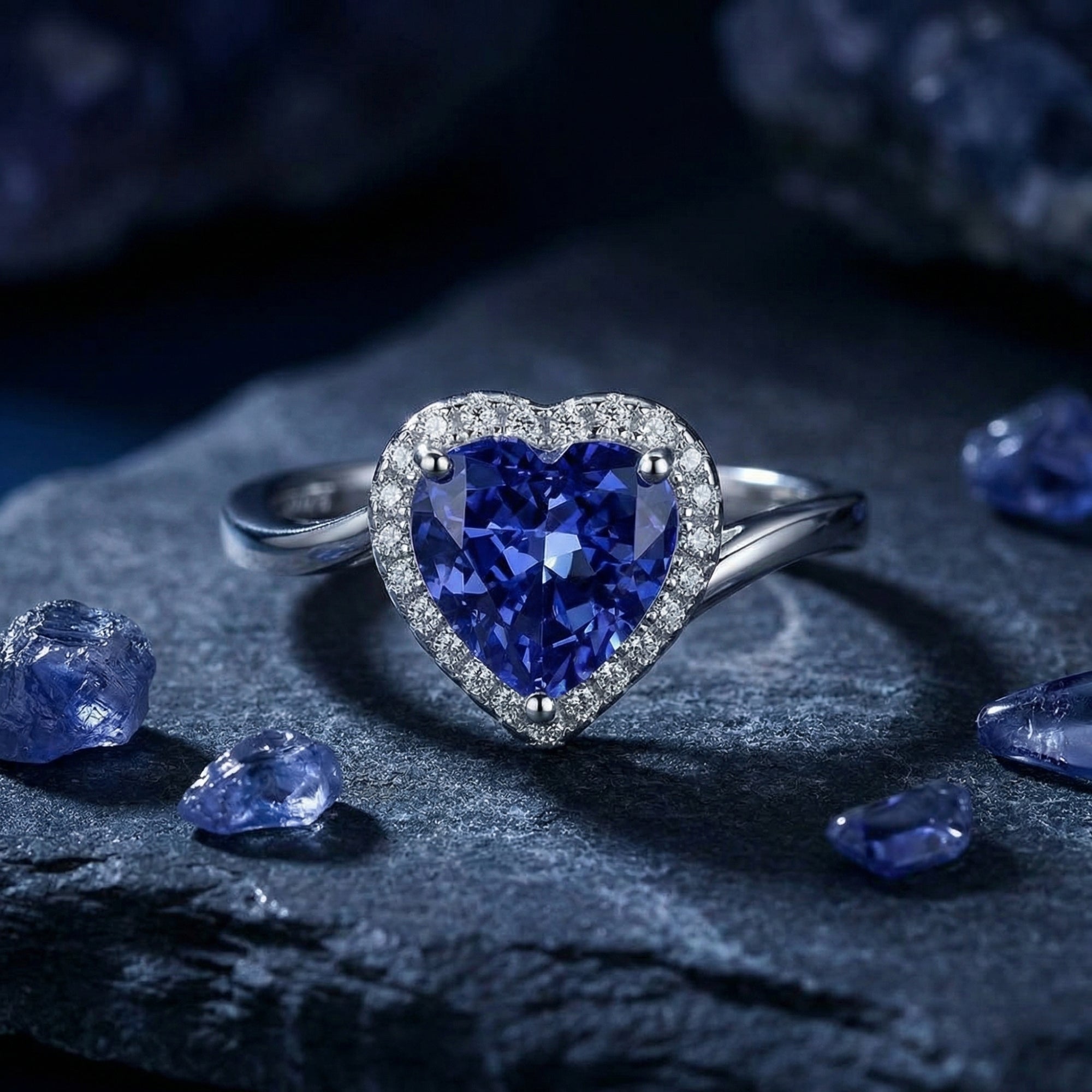 Heart-cut tanzanite ring in sterling silver with a halo setting, displayed on dark stone with raw gems.