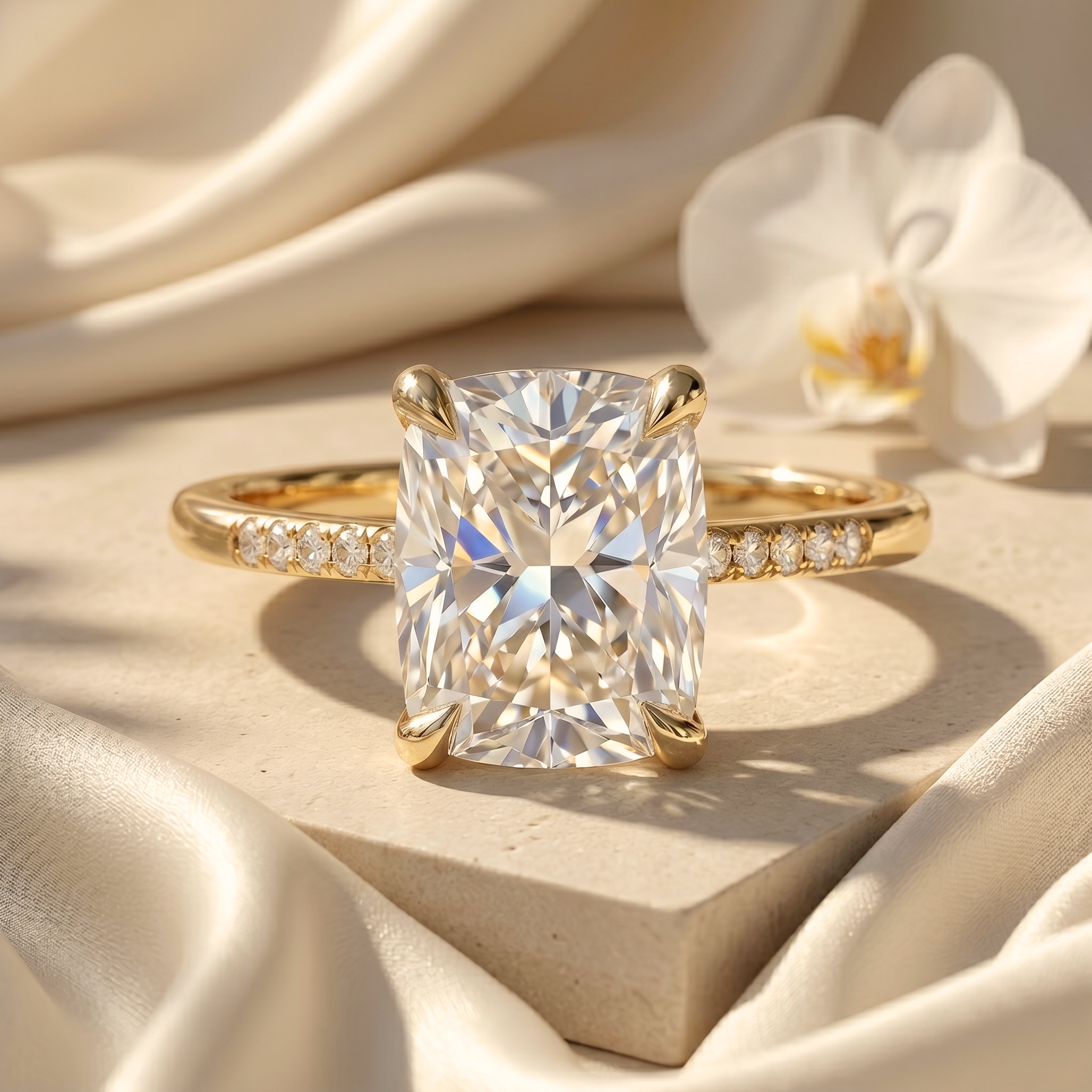 A stunning cushion-cut moissanite engagement ring with a yellow gold pave band, set on a stone block with elegant white silk.