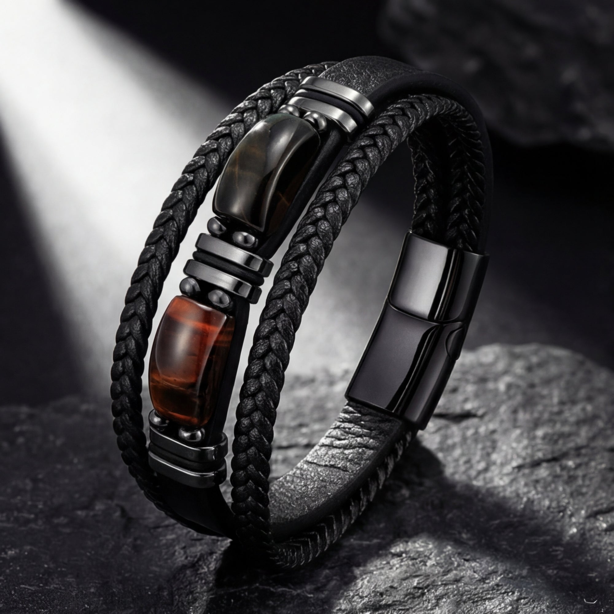 Men's black braided leather bracelet with 316L black stainless steel and tiger's eye cabochon stones on a dark rock.