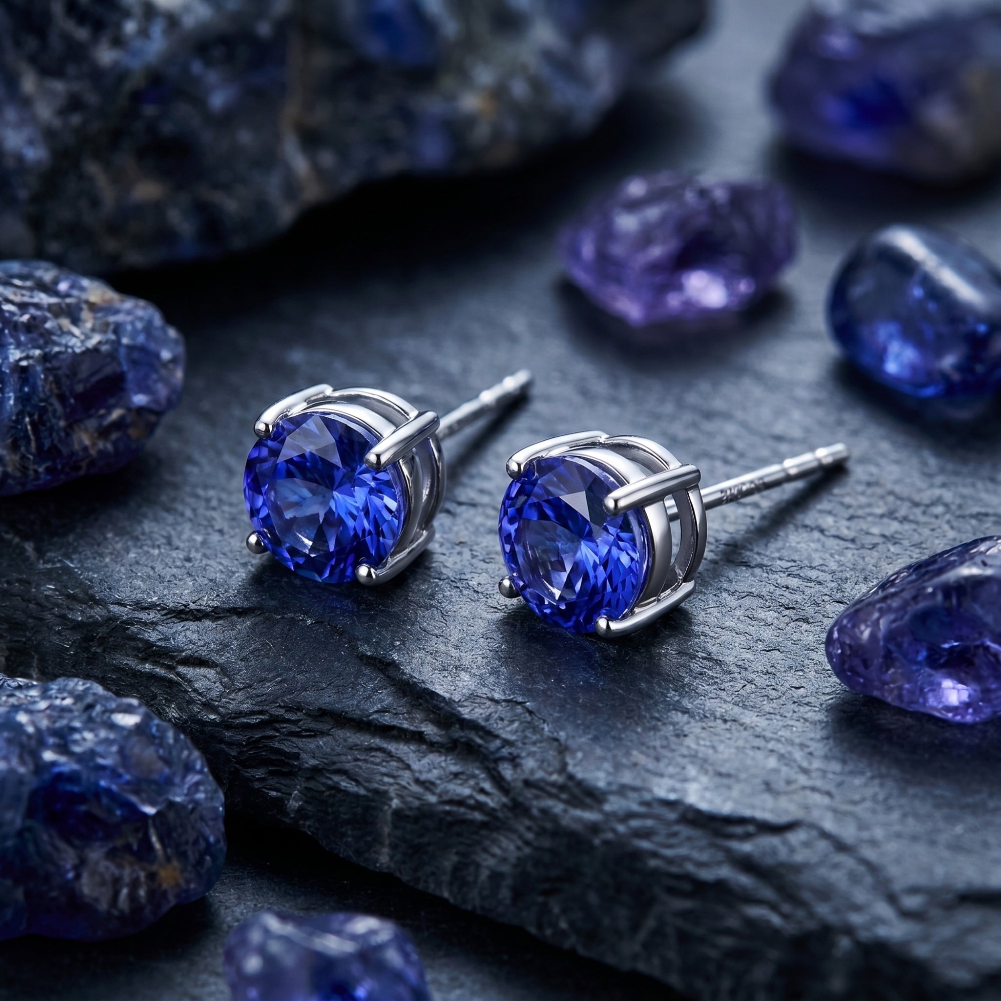 Round cut tanzanite stud earrings in 18K white gold styled on dark slate with raw tanzanite gemstones.