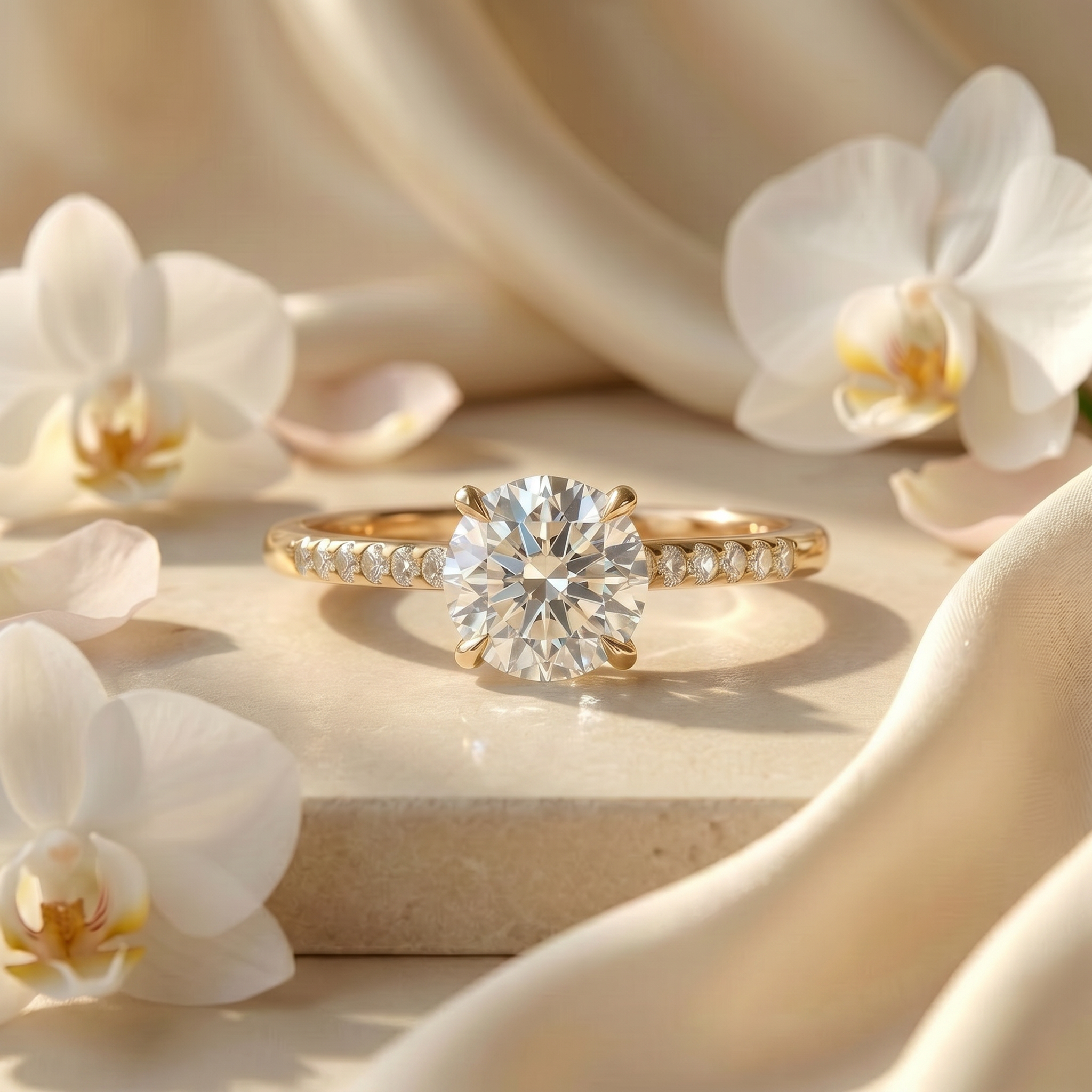 A beautiful classic round-cut moissanite engagement ring with a pavé yellow gold band, set on a stone surface with white orchids.