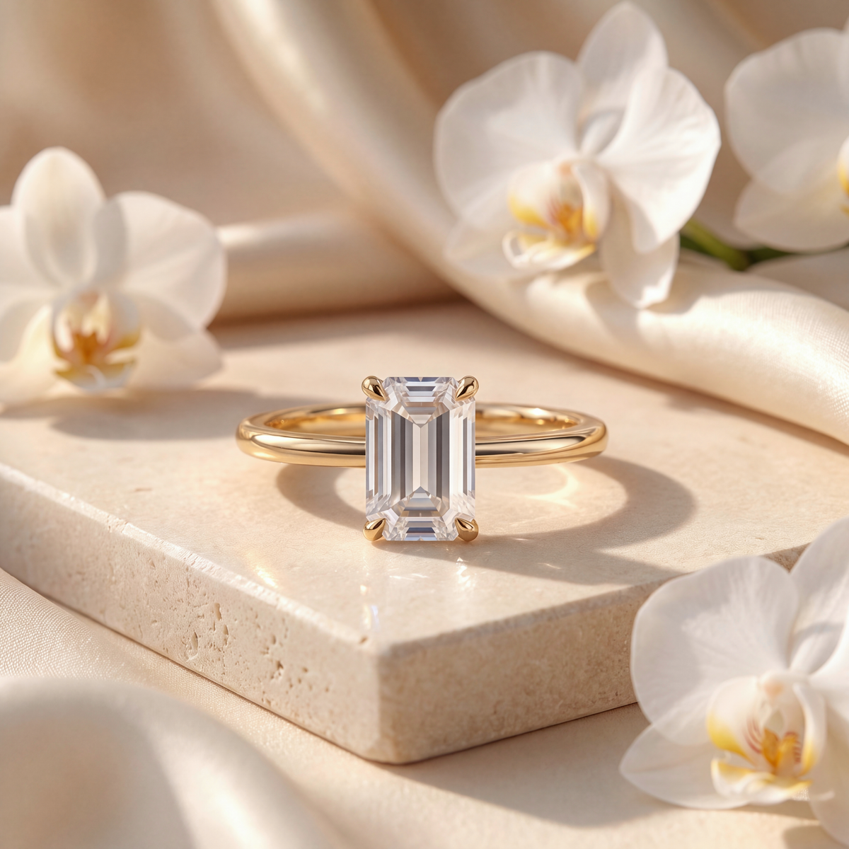 An emerald-cut moissanite solitaire engagement ring in yellow gold displayed on a marble pedestal surrounded by white orchids.