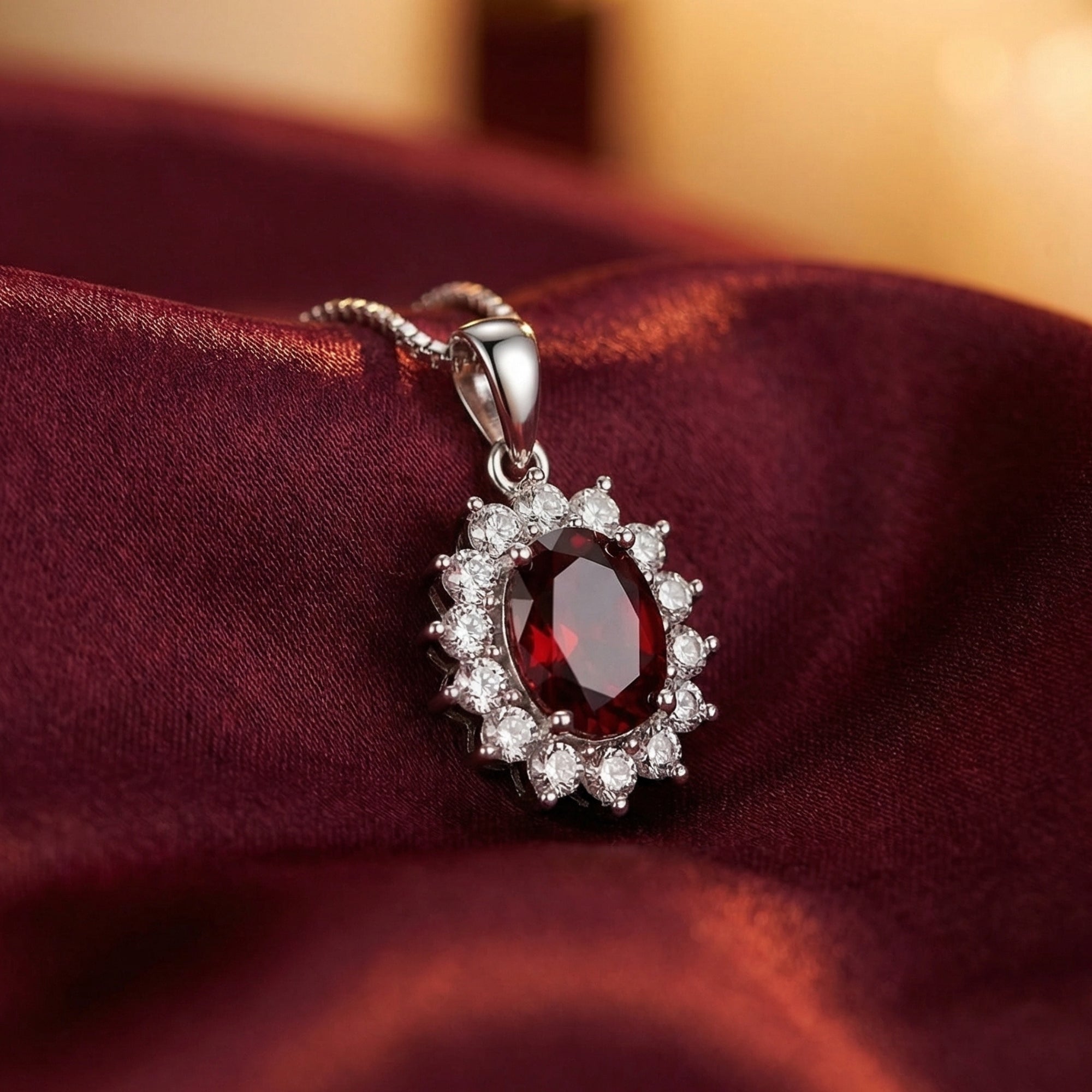 Close-up of the oval cut red garnet pendant and silver halo setting on a burgundy silk background.