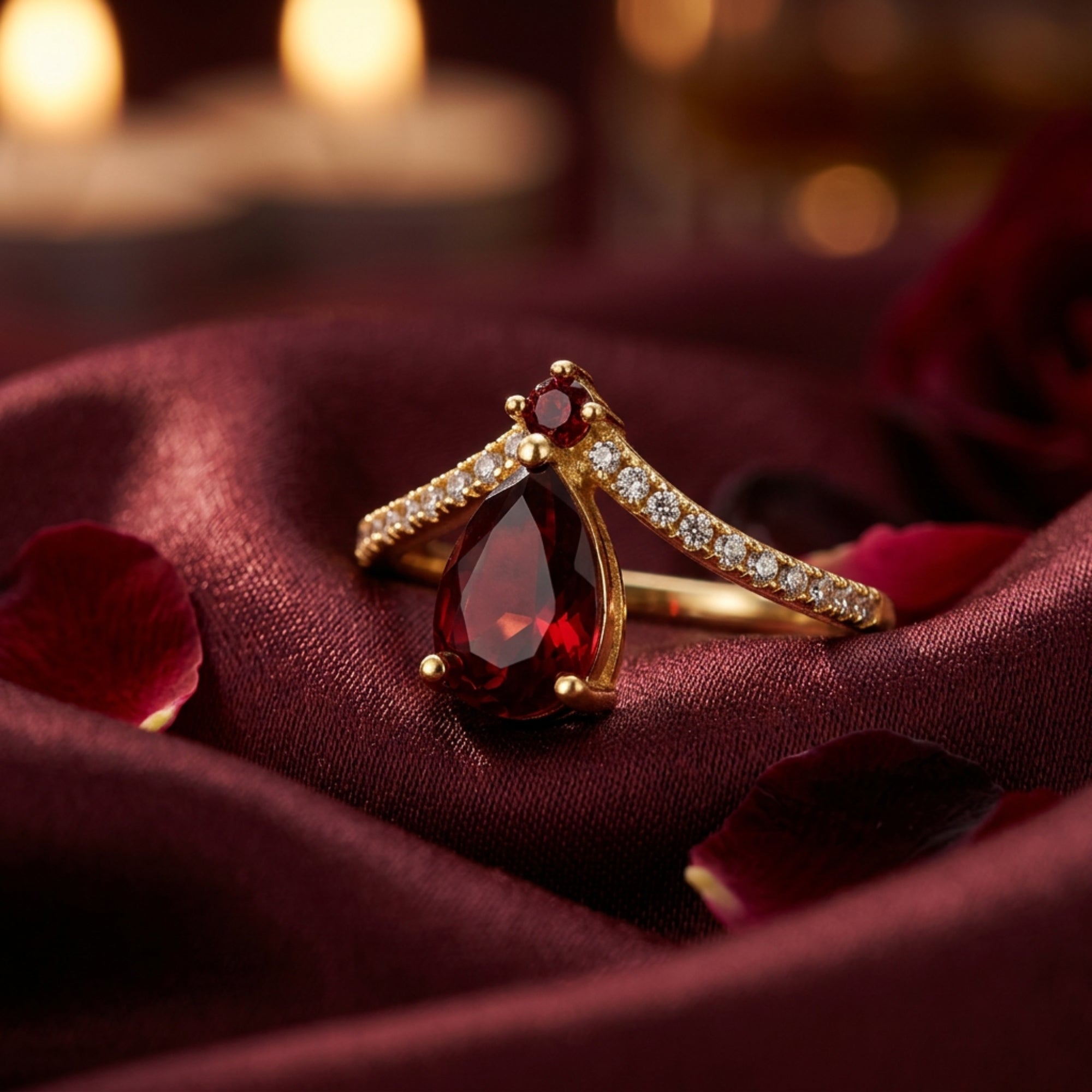Pear-cut garnet chevron ring in 18K gold vermeil on burgundy silk with rose petals and soft candle lighting.
